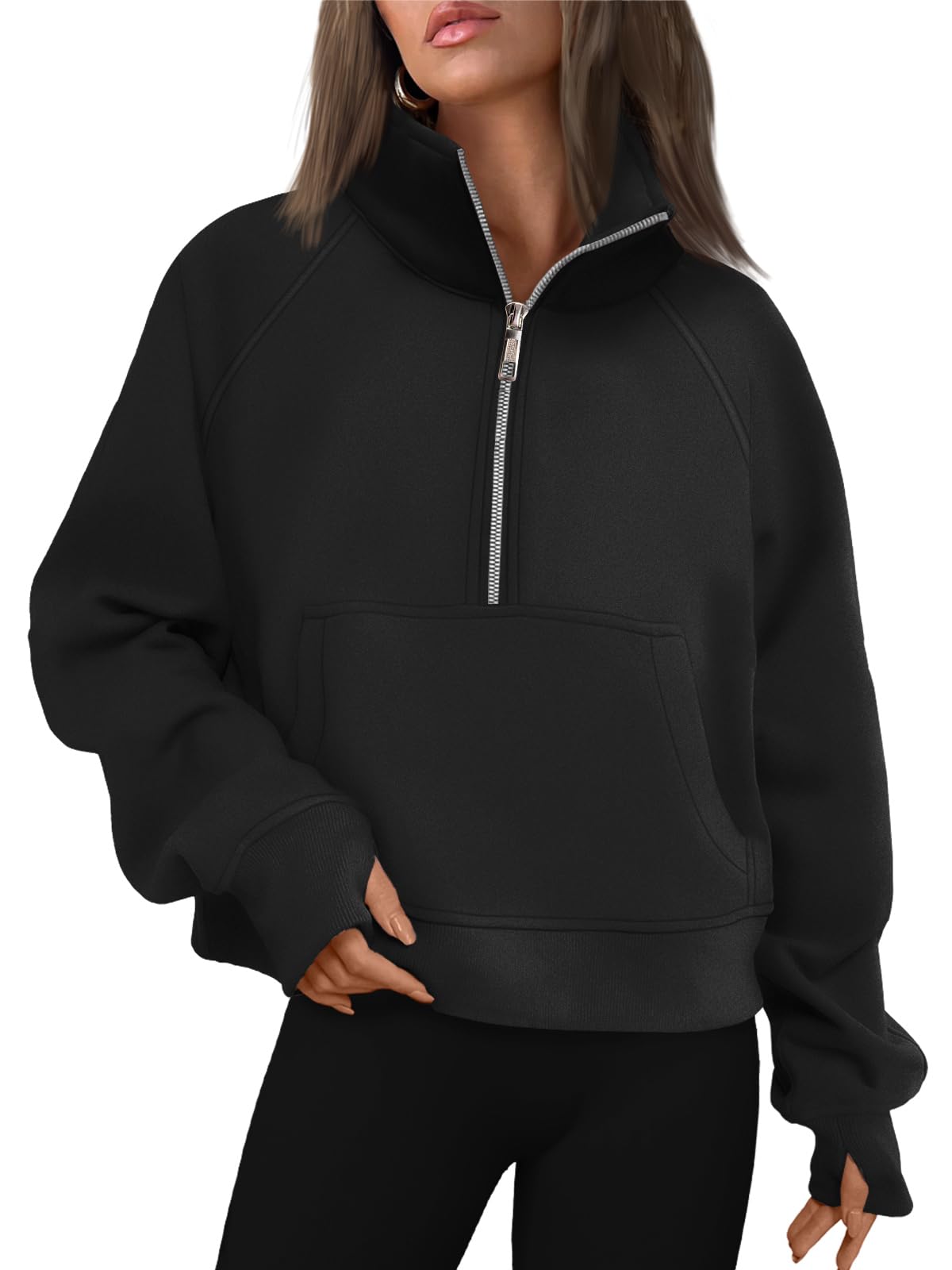 AUTOMET Womens Sweatshirts Half Zip Cropped Pullover Fleece Quarter Zipper Hoodies 2024 Fall Fashion Outfits Clothes Black XX-Small