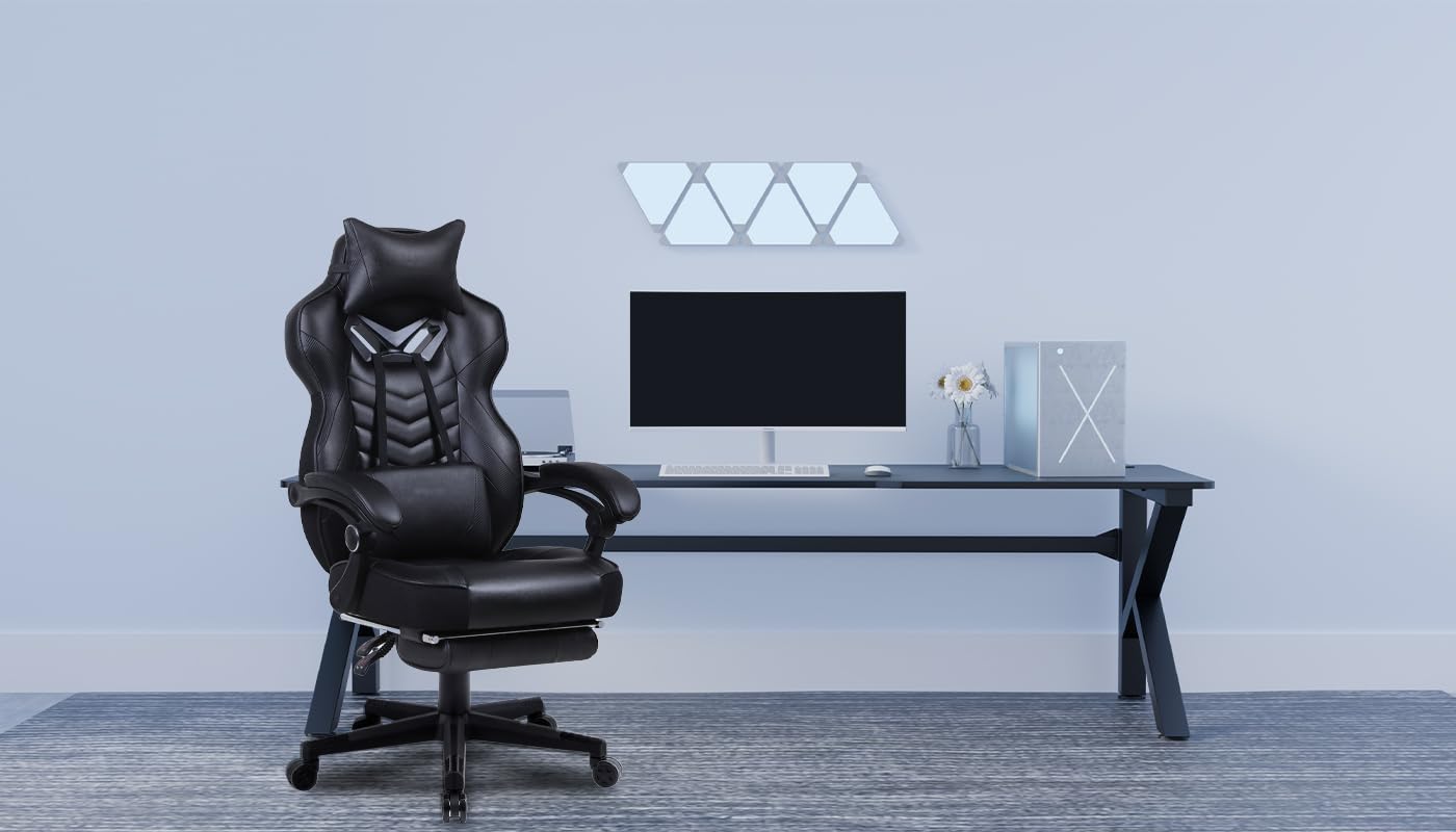 Gaming Chair for Adults,Computer Chair with High Back,Big and Tall Gaming Chairs with Footrest and Massage,Reclining Gamer Ergonomic Office Desk Chair(Black)