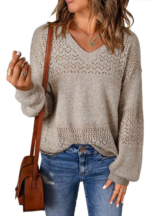 SHEWIN Womens Crochet Sweaters Long Sleeve V Neck Lightweight Sweater Hollow Out Cable Knit Pullover Jumper Fall Tops for Women 2024, US 4-6(S), Brown