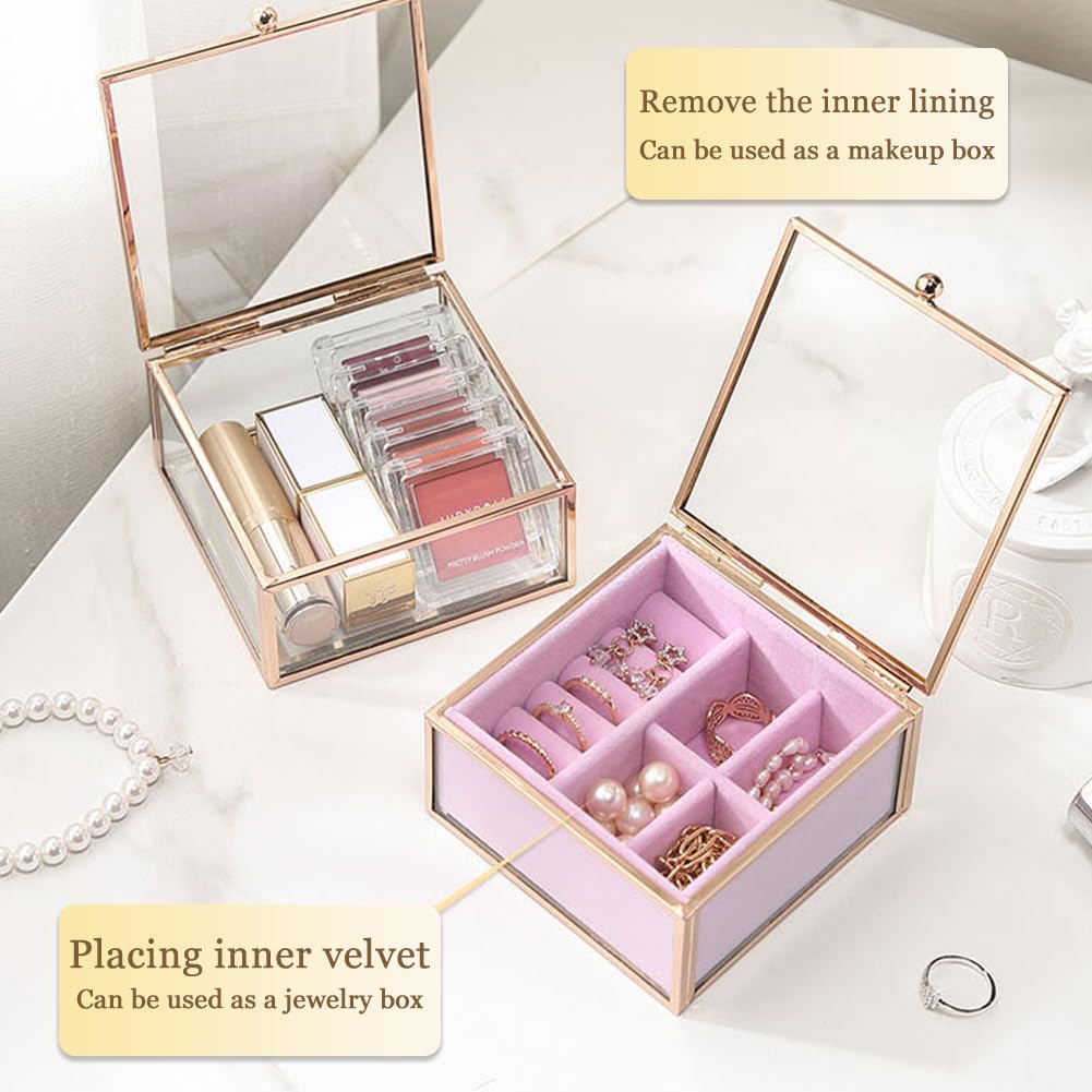 Veki Travel Jewelry Organizer Box, Clear Glass Jewelry Case with Gold Frame for Women Girls, Transparent Display Boxes with Removable Compartment for Earring, Ring, Necklaces, Bracelets (Square)
