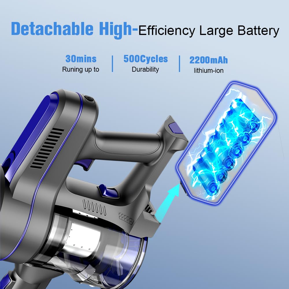 Vacuum Cleaner for Home, Cordless Vacuum Cleaner with 2200mAh Powerful Lithium Batterie, Up to 30 Minutes, Powerful Suction, Rechargeable, 4 in 1 Lightweight Vacuum for Hardwood Floor