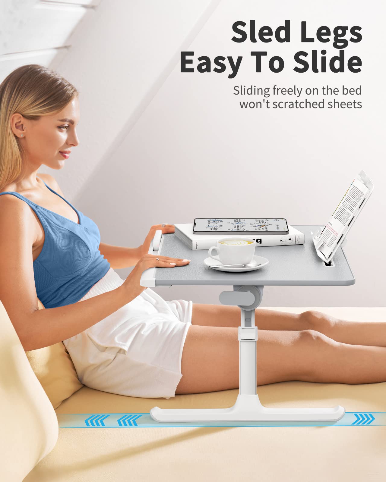 Laptop tray, SAIJI 60*45cm Table lap for bed, Multi-purpose Premium Lapdesk, Height Angle adjustable, with Book Stand, Drawer, Tablet slot, for Eating, Working, Writing, Gaming, Drawing (Light Grey)