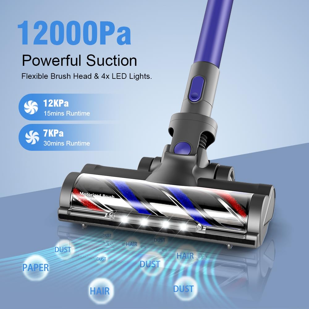 Vacuum Cleaner for Home, Cordless Vacuum Cleaner with 2200mAh Powerful Lithium Batterie, Up to 30 Minutes, Powerful Suction, Rechargeable, 4 in 1 Lightweight Vacuum for Hardwood Floor