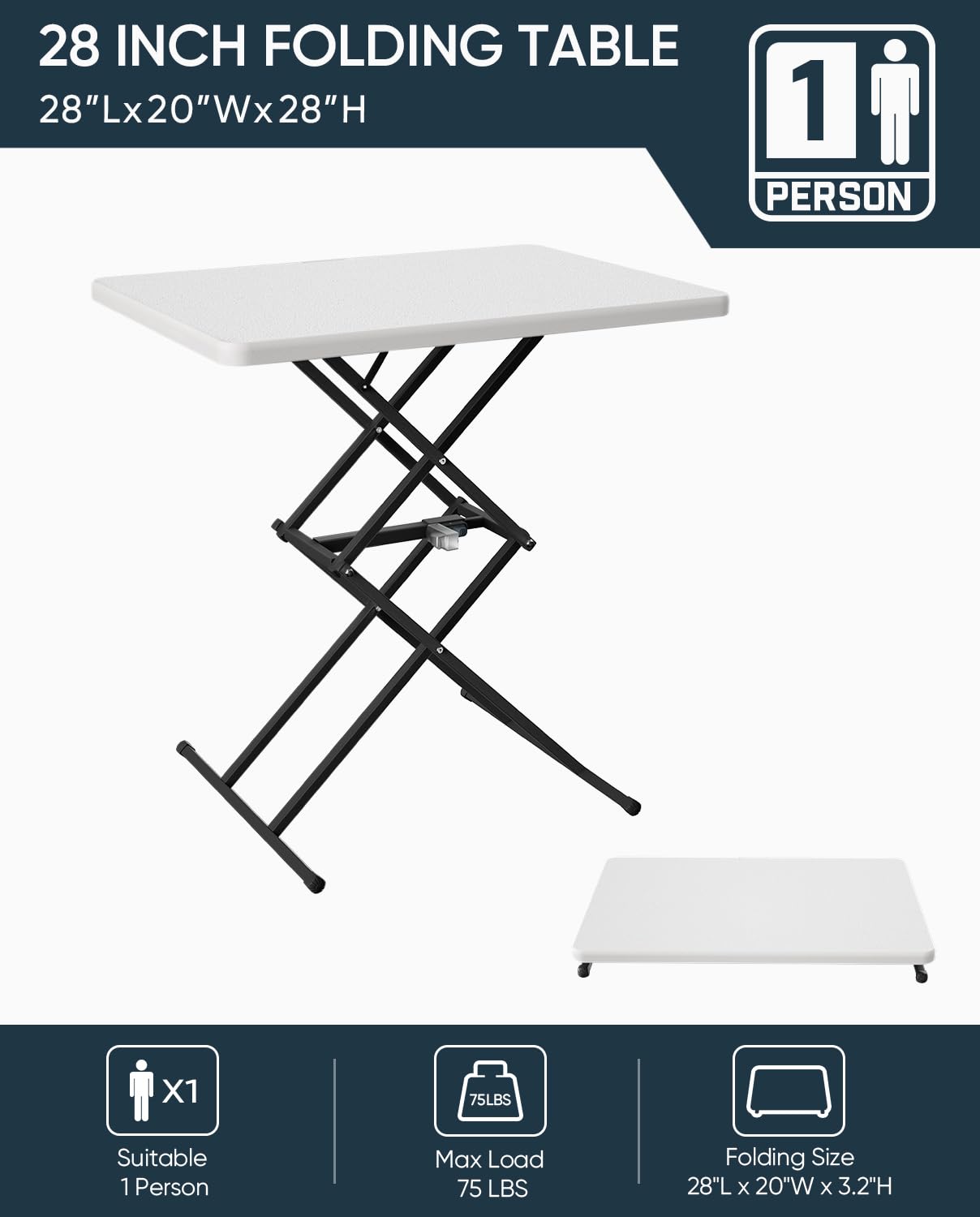 Upstreman Home 28inch Quick Pop Up Table, Adjustable Folding Table, SwiftFold Folding Table w/ 3 Heights, Multi-Functional Personal Activity Table, TV Tray Table, Portable Dinner Table, Granite White