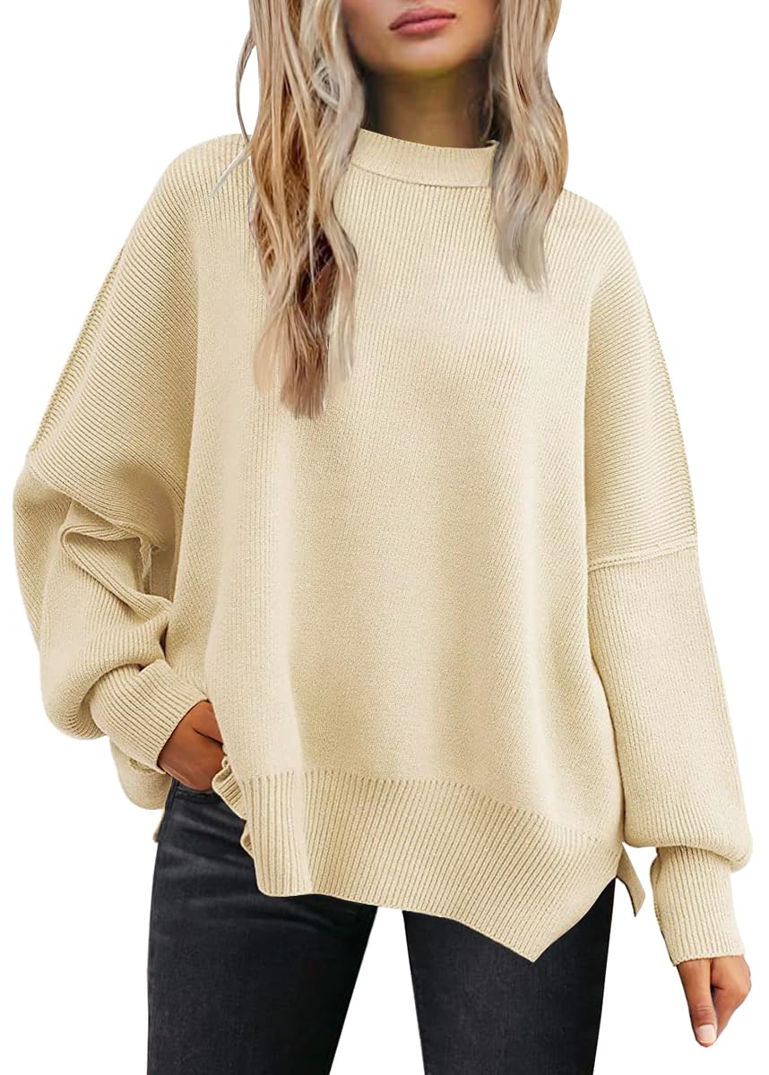 LILLUSORY Women's Oversized Batwing Sweaters 2024 Fall Outfits Crewneck Ribbed Knit Side Slit Trendy Pullover Tops Apricot XS