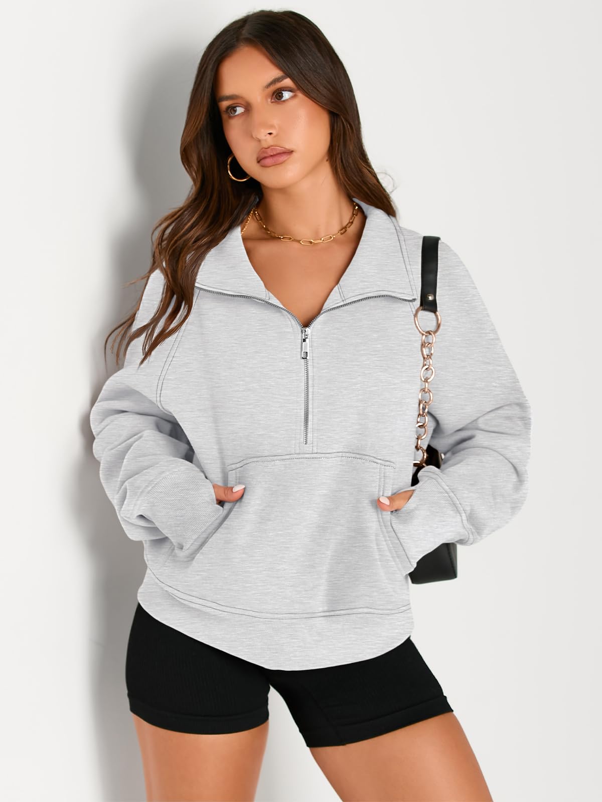 AUTOMET Womens Sweatshirts Half Zip Cropped Pullover Fleece Quarter Zipper Hoodies 2024 Fall Fashion Outfits Clothes Grey Medium