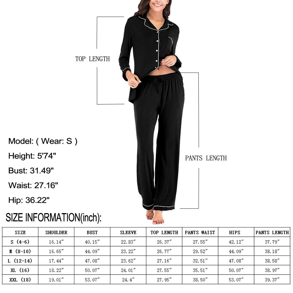 Aamikast Women's Pajama Sets Long Sleeve Button Down Sleepwear Nightwear Soft Pjs Lounge Sets (Black XS)