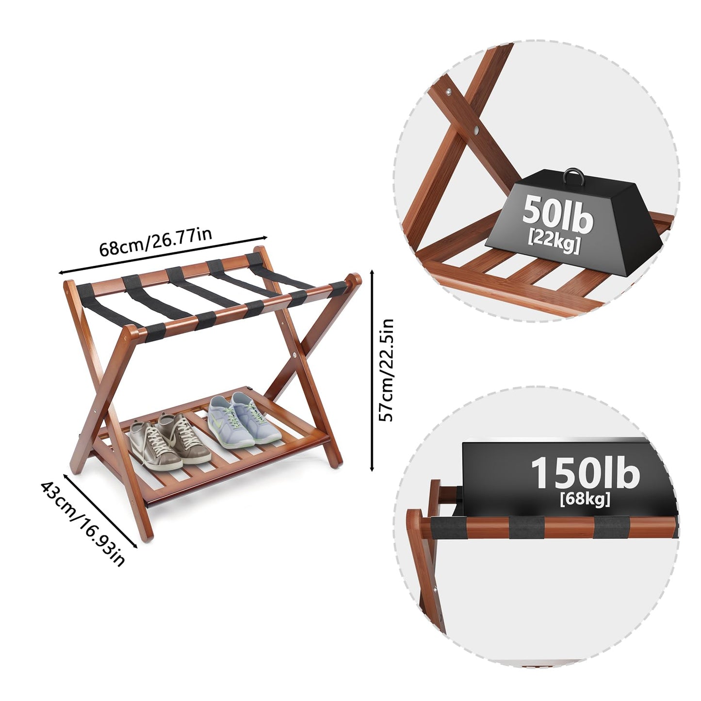 Smuxee Fully Assembled Walnut Luggage Rack, Upgraded Bamboo Foldable Suitcase Stand with 5 Nylon Straps, Luggage Holder with Shelf for Guest Room Bedroom Hotel
