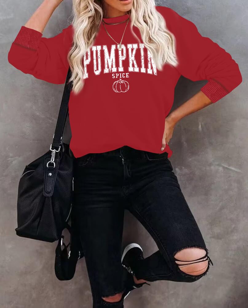 Zylkor Womens Pumpkin Sweatshirts Pumpkin Spice Graphic Tees Thanksgiving Long Sleeve Fall Pullover Tops Red