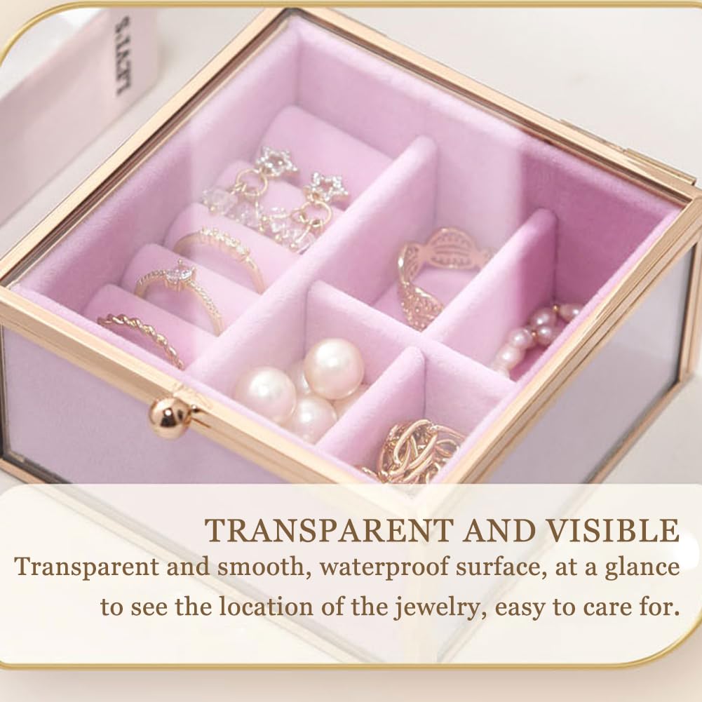 Veki Travel Jewelry Organizer Box, Clear Glass Jewelry Case with Gold Frame for Women Girls, Transparent Display Boxes with Removable Compartment for Earring, Ring, Necklaces, Bracelets (Square)