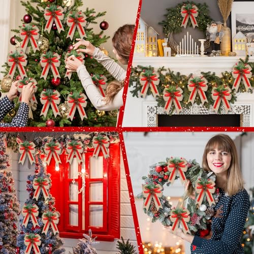 Moucuny 6 Pcs Christmas Burlap Bow with Pine Cones Pine Needles Xmas Burlap Ribbon Bow Christmas Tree Decoration Bows for Christmas Parties Indoor Outdoor Crafts DIY Decor