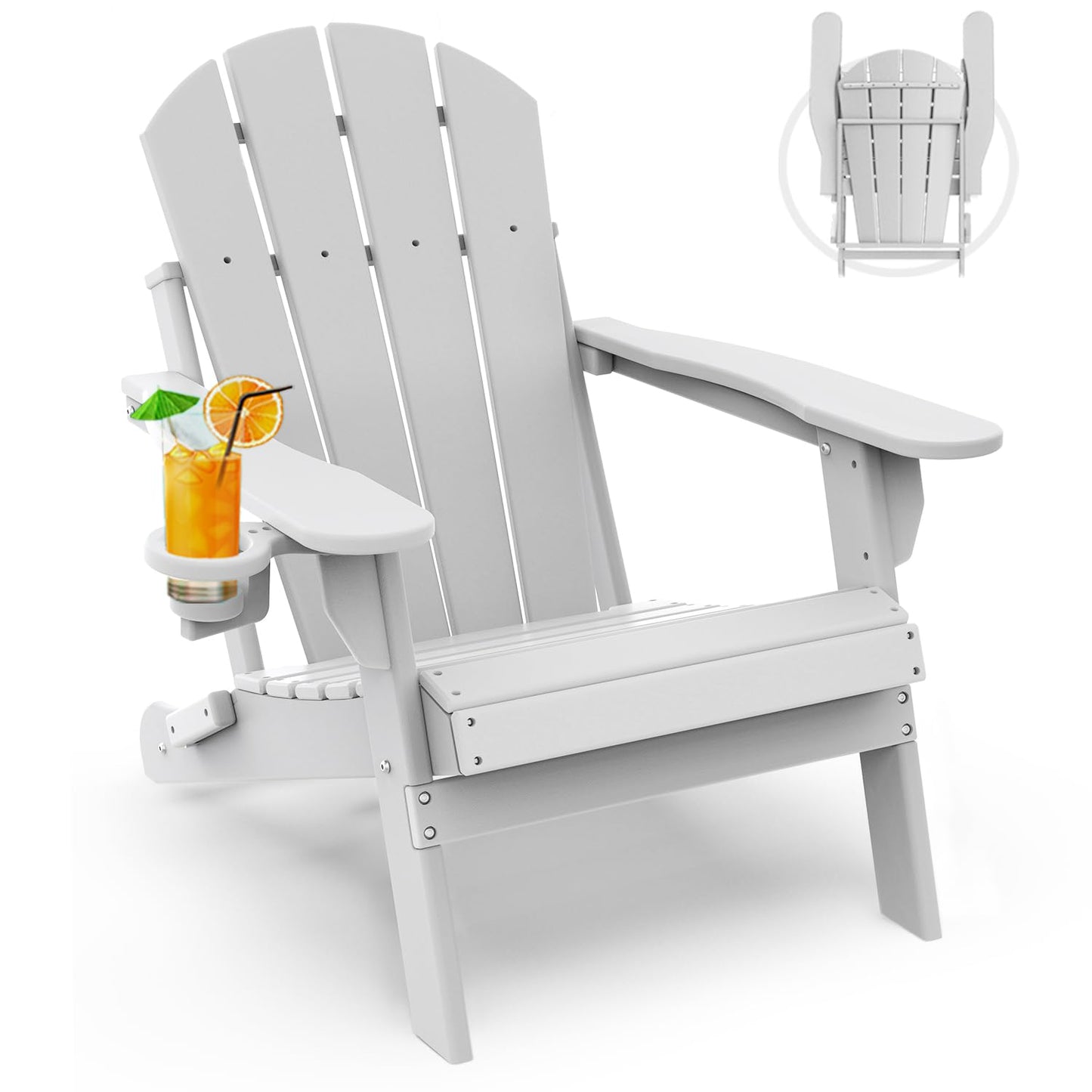GREENVINES Folding-Adirondack-Chair | HDPE Plastic | Fire Pit Chairs | All Weather | Cup Holder | White | for Deck Backyard Patio Outdoor Garden