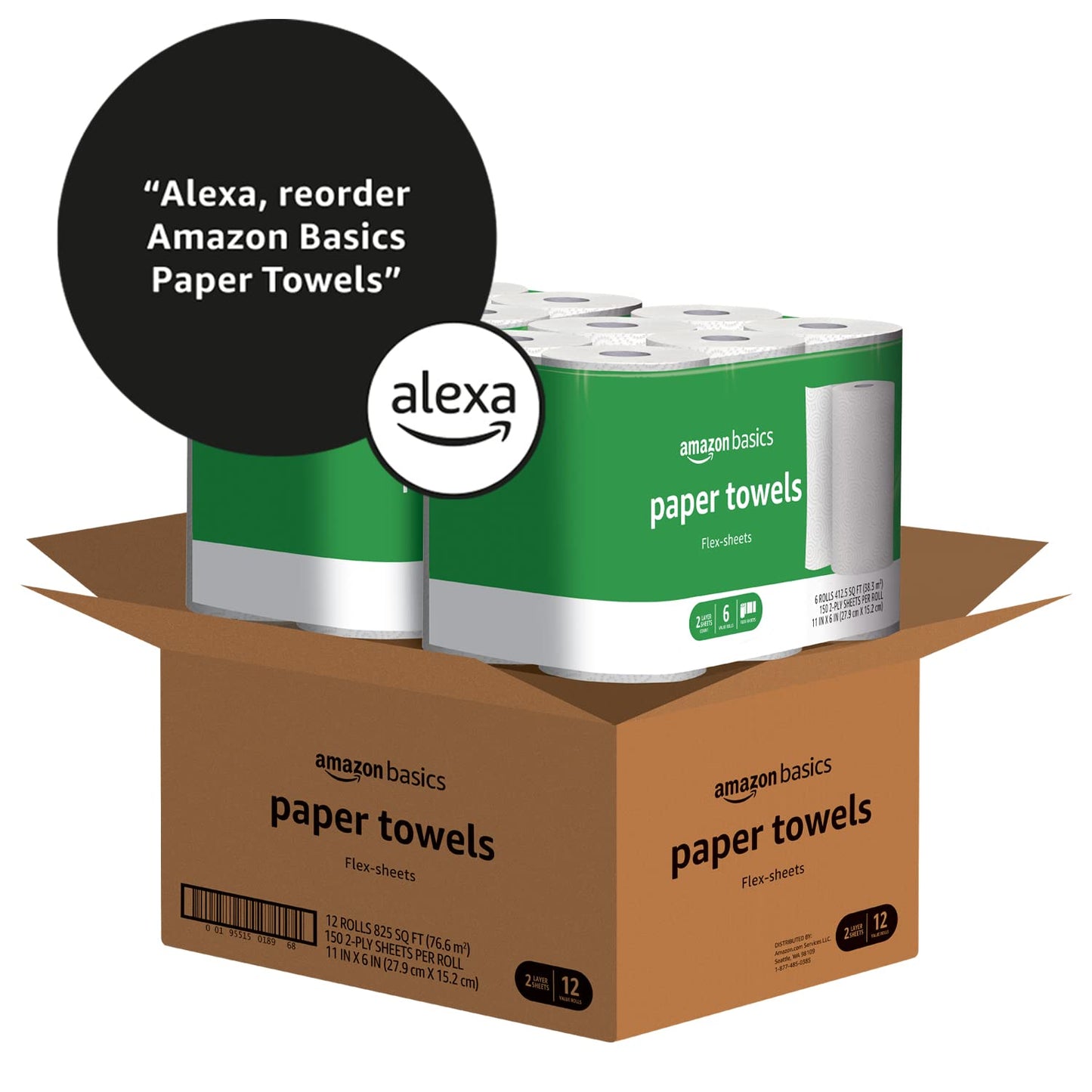 Amazon Basics 2-Ply Flex-Sheets Paper Towels, 12 Basics Rolls = 32 Regular Rolls, Everyday Value with 150 Sheets per Roll