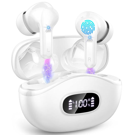 Wireless Earbuds, 2024 Bluetooth Headphones V5.3 HiFi Stereo Ear buds with ENC Noise Cancelling Mics, 40H Bluetooth Earbuds with Dual LED Display, IP7 Waterproof Earphones for Android iOS, White