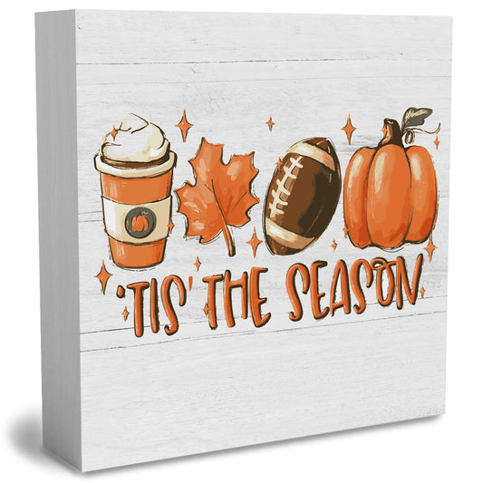 Rustic Tis' the Season Pumpkin Wood Box Sign, Farmhouse Retro Fall Artwork Decor, Autumn Harvest Thanksgiving Wooden Square Sign Desk Block Signs Home Shelf Office Decoration 5 x 5 Inches