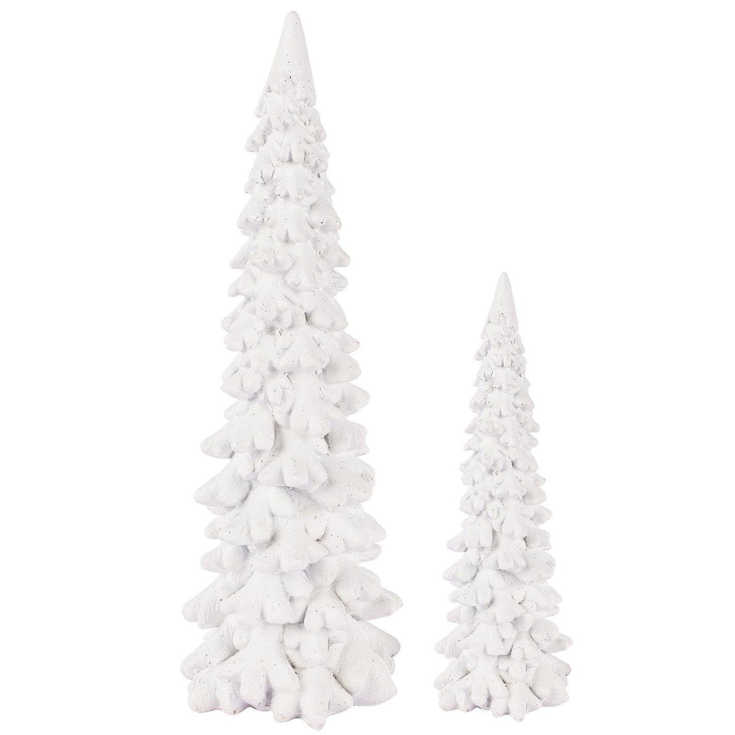 Juegoal Christmas Tree Table Decorations Set of 2, 9.5" White Glittered Xmas Pine Trees, Winter Snow Ornaments Tabletop Resin Trees Dinner Holiday Party Supplies Winter Mantle Shelf Centerpieces Decor