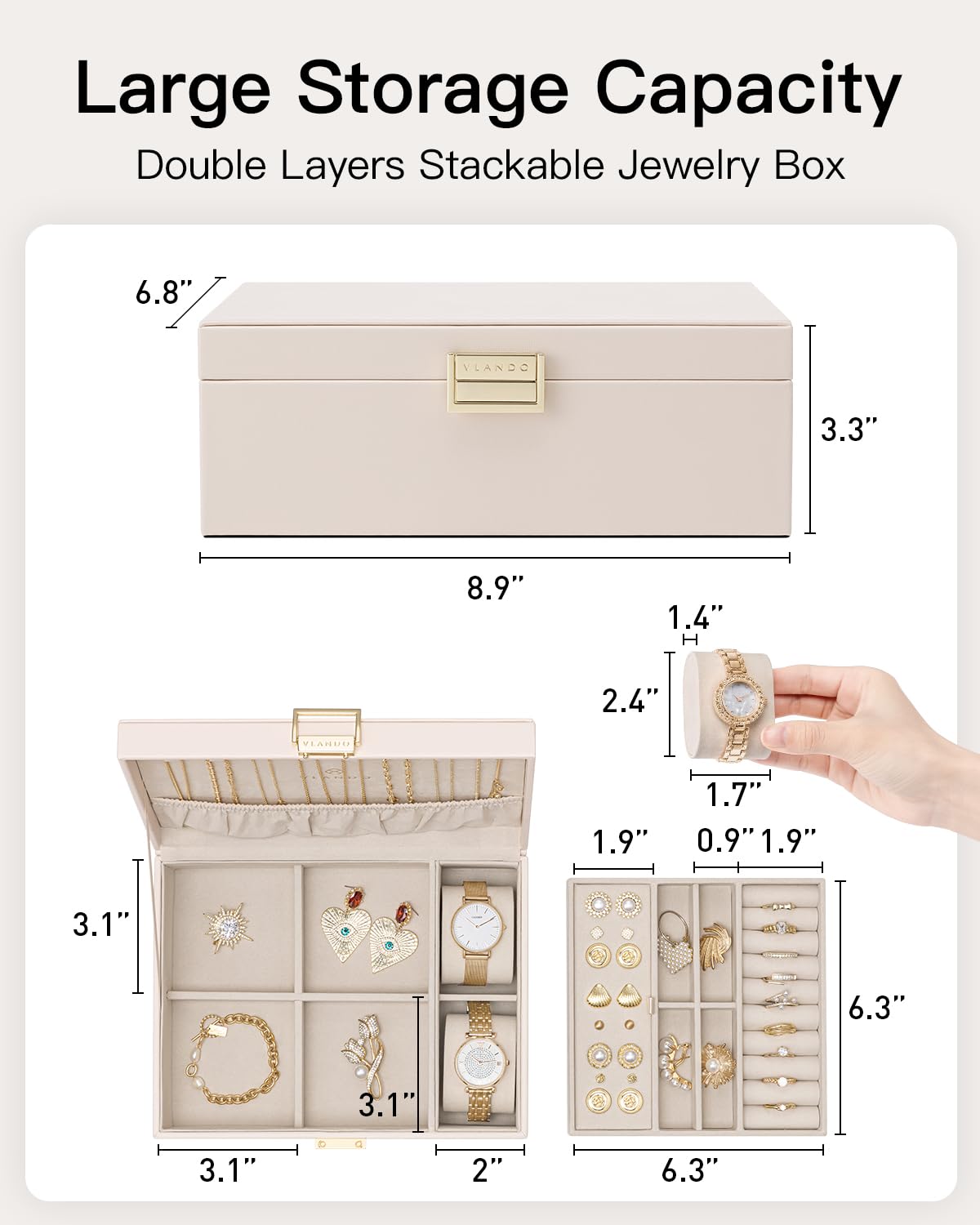 Vlando 2 Layer Jewelry Box Large Jewelry Organizer for Women Removable Jewelery Tray with Watch Pillow for Necklace Earrings Rings Bracelets Jewelry Boxes for Mother‘s Day Gifts (Apricot White)