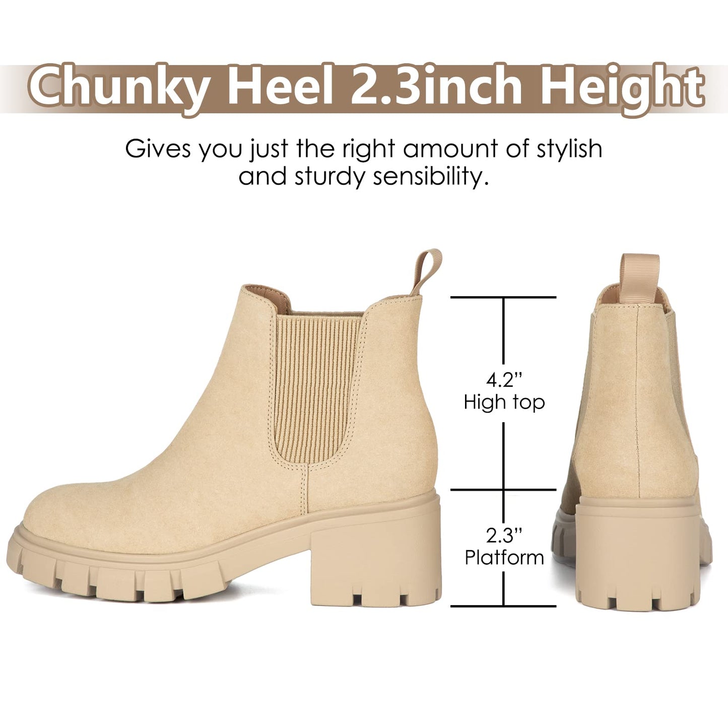 Athlefit Women's Chelsea Boots Fashion Lug Sole Chunky Heel Slip on Elastic Ankle Tan Booties Size 5.5