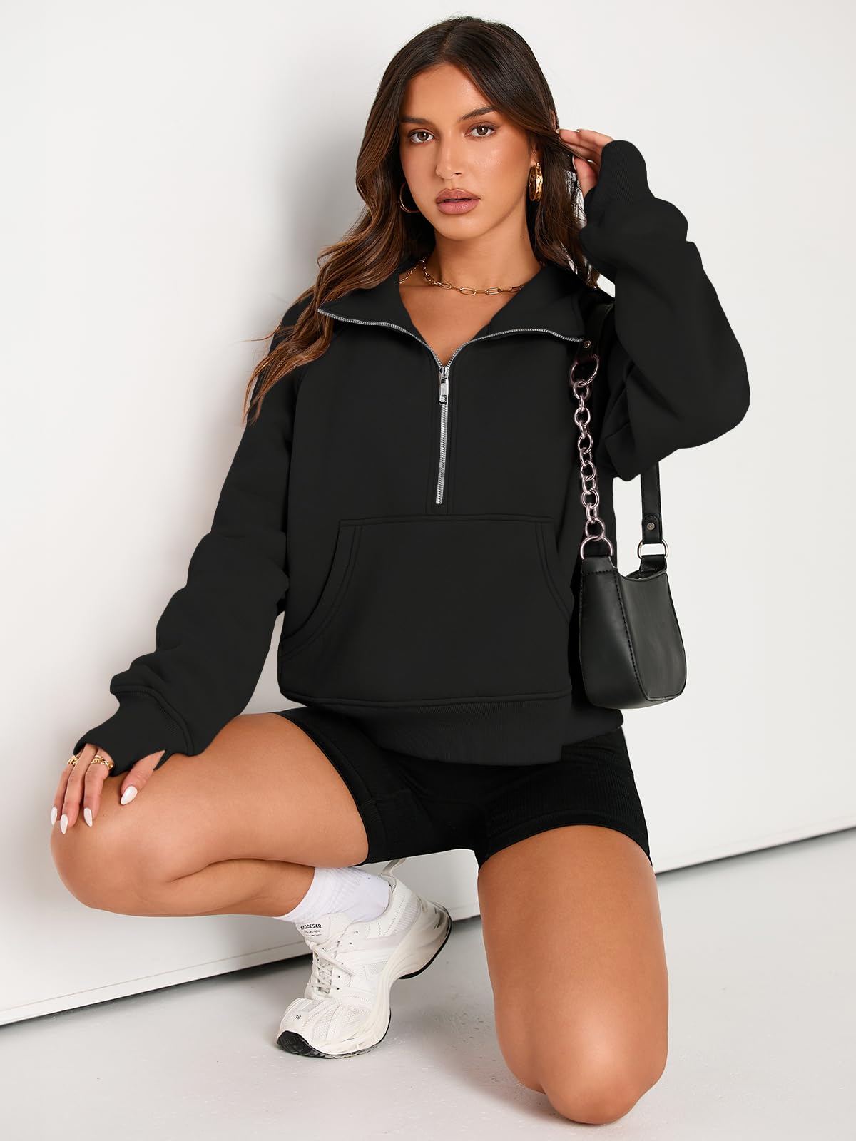 AUTOMET Womens Sweatshirts Half Zip Cropped Pullover Fleece Quarter Zipper Hoodies 2024 Fall Fashion Outfits Clothes Black XX-Small