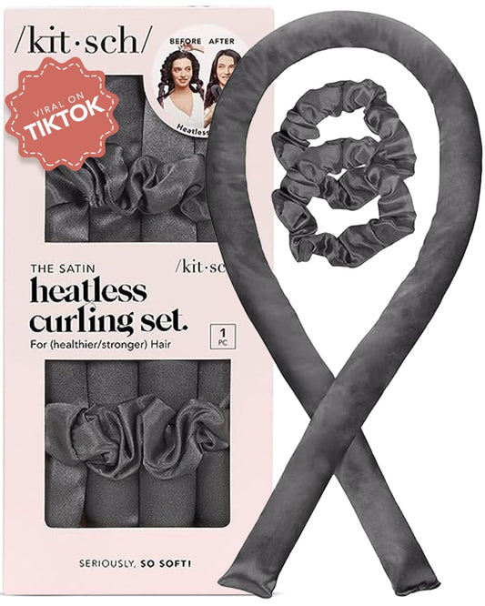 Kitsch Satin Heatless Curling Set for No-Heat Soft Curls | Overnight Hair Curlers & Curling Rod Headband, Frizz-Free Styling | Gentle Rollers for All Hair Types - 1 Pack (Charcoal)