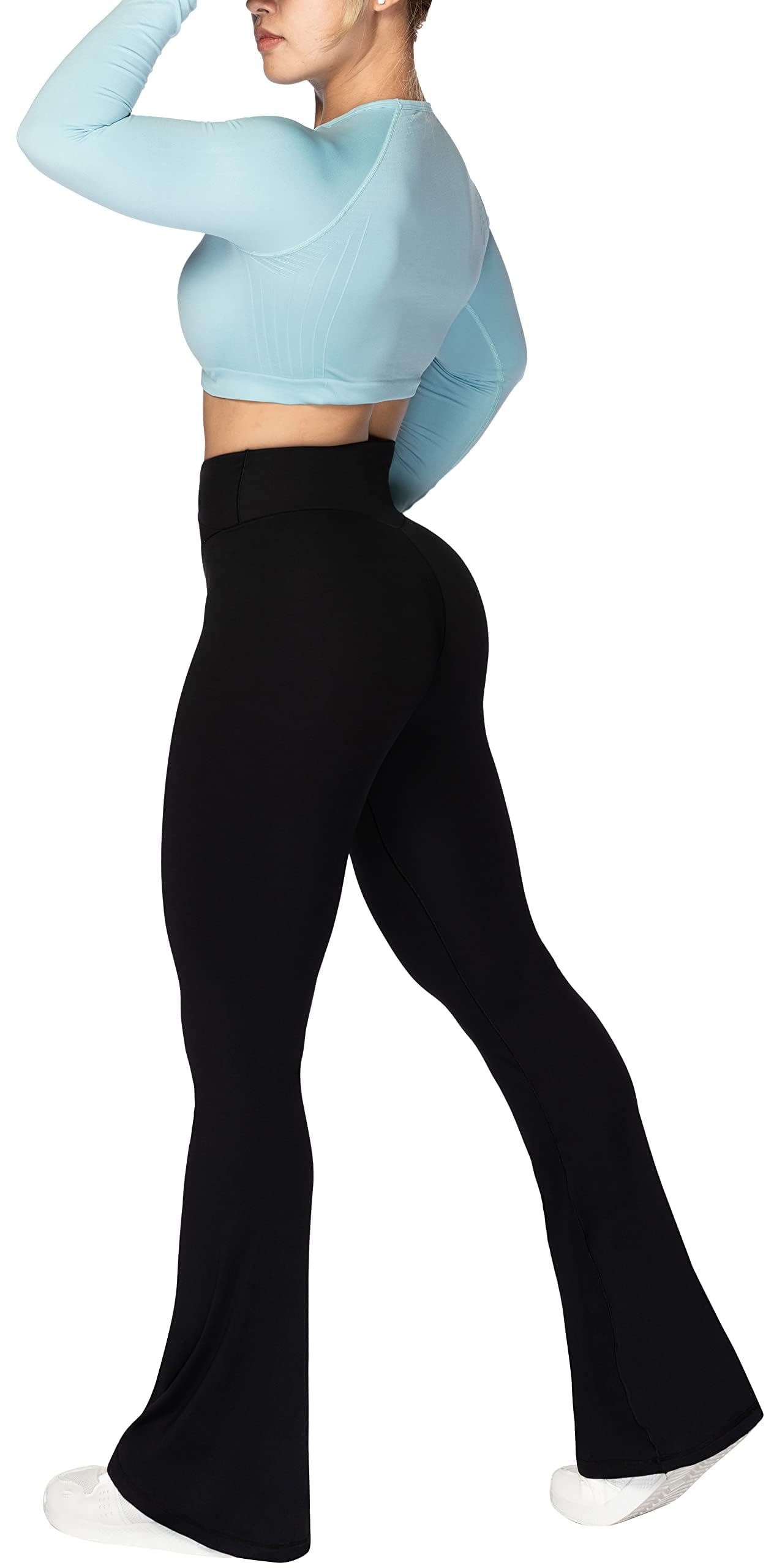 Sunzel Flare Leggings, Crossover Yoga Pants with Tummy Control, High-Waisted and Wide Leg, 28" Inseam, Black X-Small