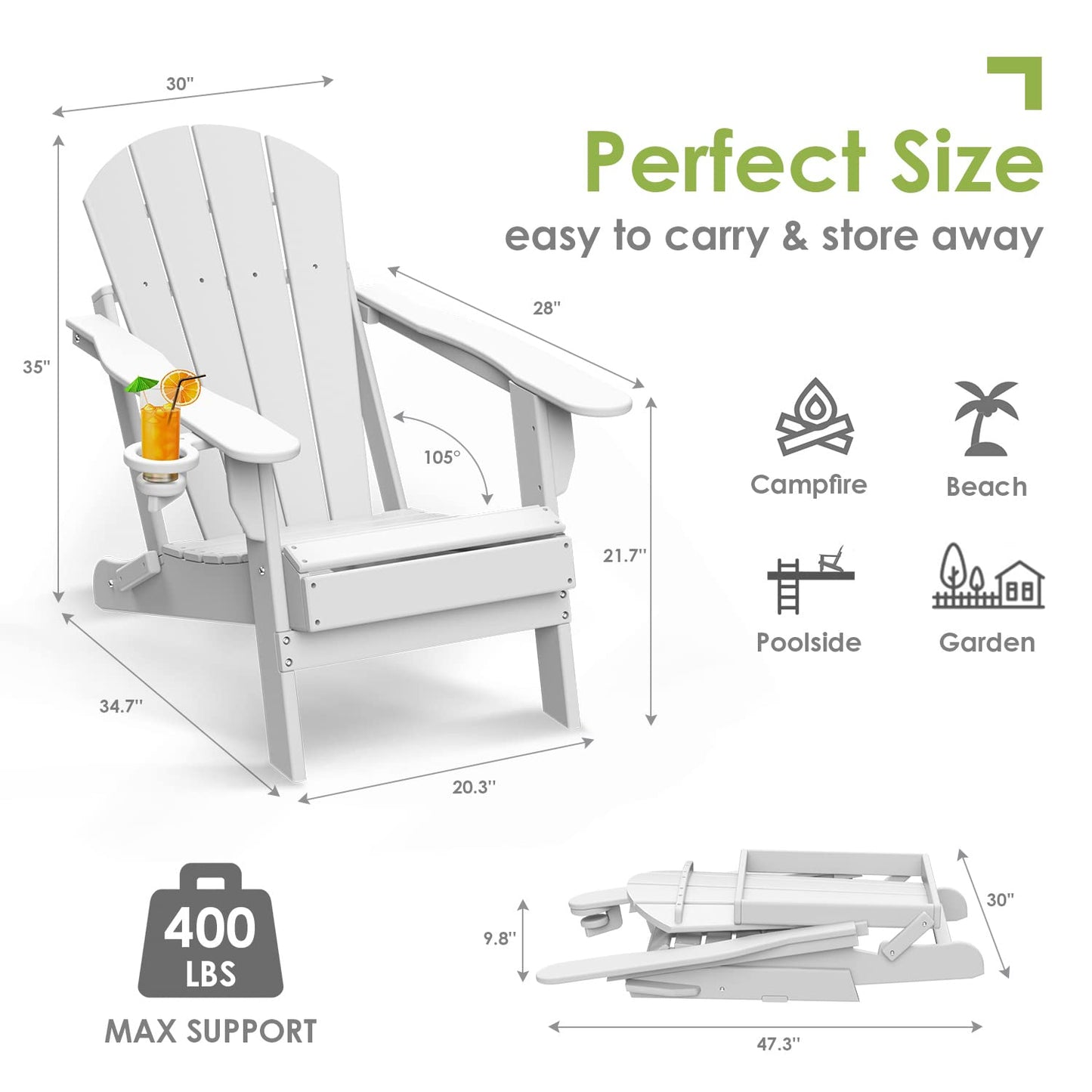 GREENVINES Folding-Adirondack-Chair | HDPE Plastic | Fire Pit Chairs | All Weather | Cup Holder | White | for Deck Backyard Patio Outdoor Garden