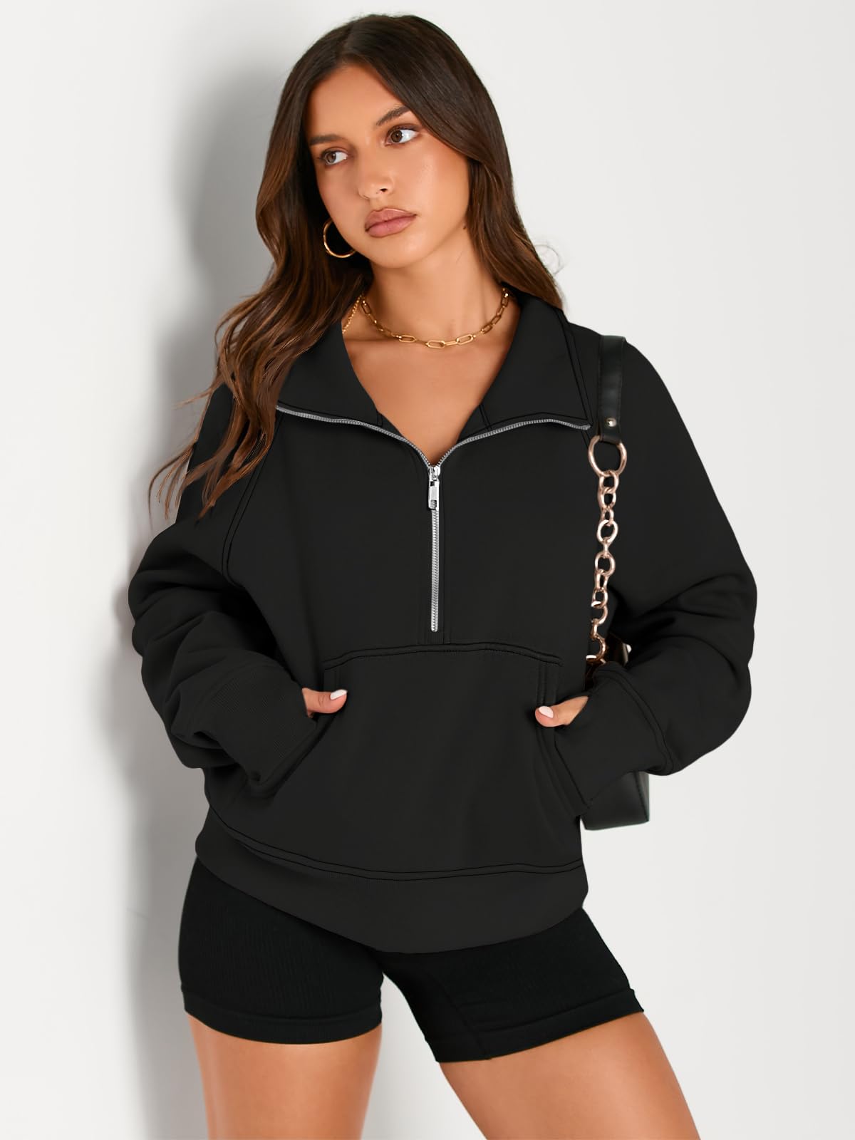 AUTOMET Womens Sweatshirts Half Zip Cropped Pullover Fleece Quarter Zipper Hoodies 2024 Fall Fashion Outfits Clothes Black XX-Small