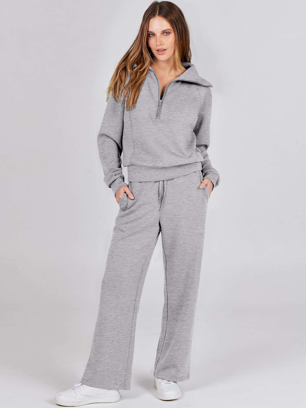 ANRABESS Women 2 Piece Outfits Sweatsuit Oversized Sweatshirt Sweatpants Tracksuit Sweat Lounge Matching Set 2024 Fall Trendy Light Grey X-Large