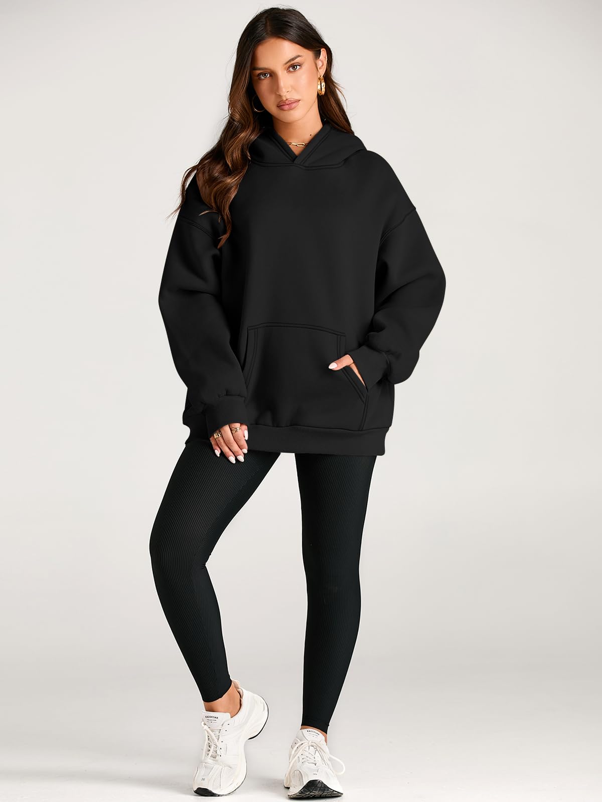 Trendy Queen Womens Oversized Hoodies Fleece Sweatshirts Long Sleeve Sweaters Pullover Fall Outfits Winter Clothes Black 2XS