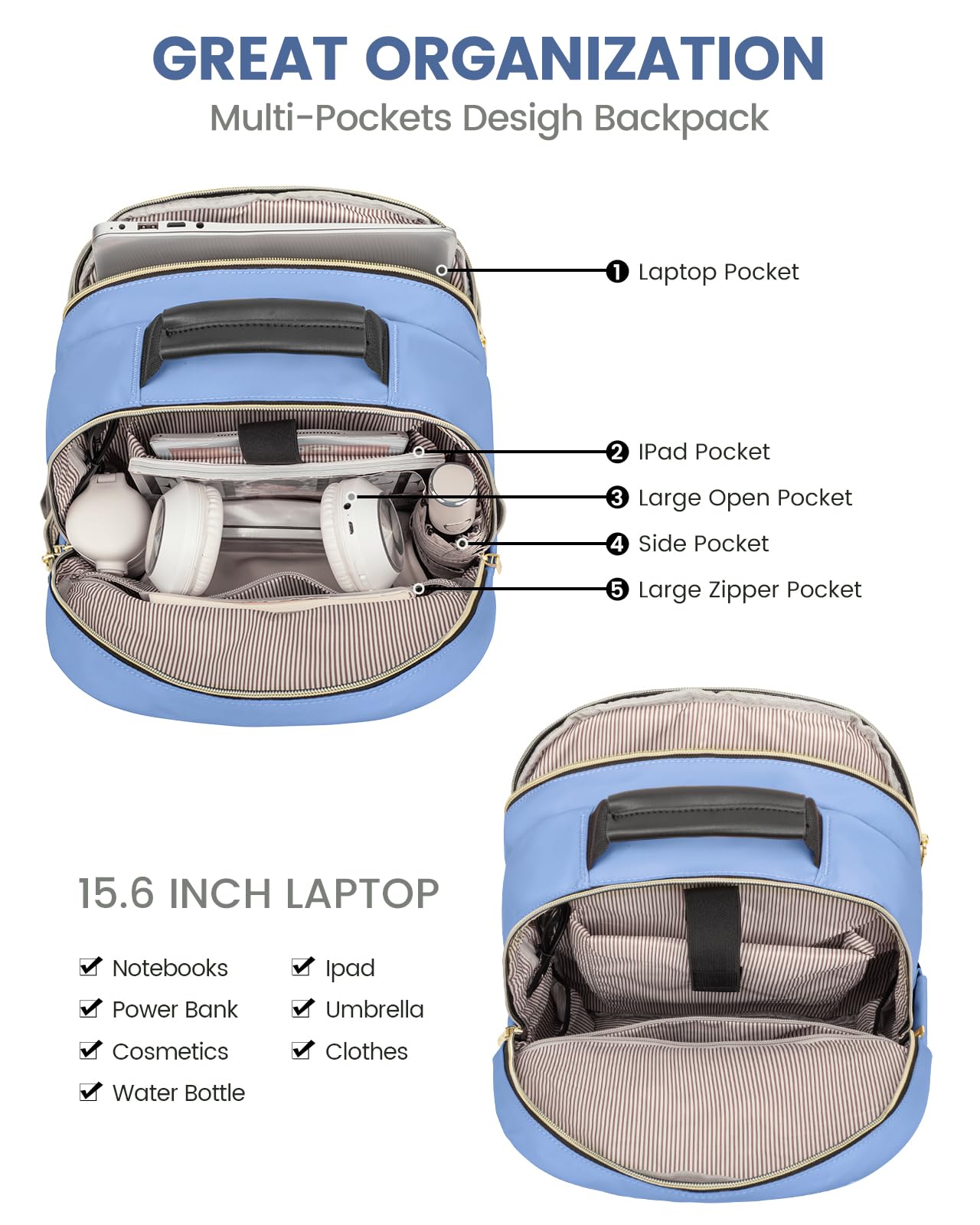 LOVEVOOK Laptop Backpack Purse for Women, Work Business Travel Computer Bags, College Nurse Backpack for Womens, Quilted Casual Daypack with USB Port, Fit 15.6 Inch Laptop, Blue