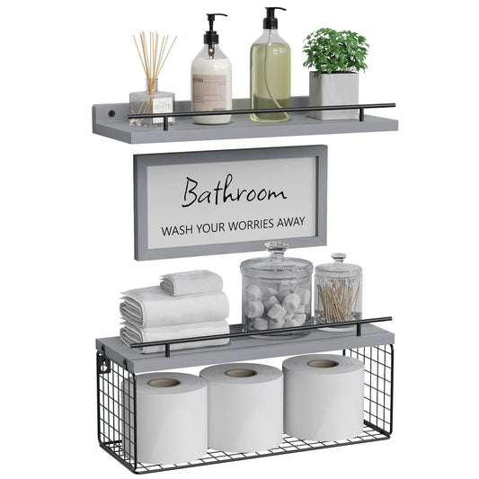 WOPITUES Floating Shelves for Bathroom Wall Decor Sign, Bathroom Organizers and Storage, Bathroom Shelves Over Toilet with Metal Guardrail-Grey