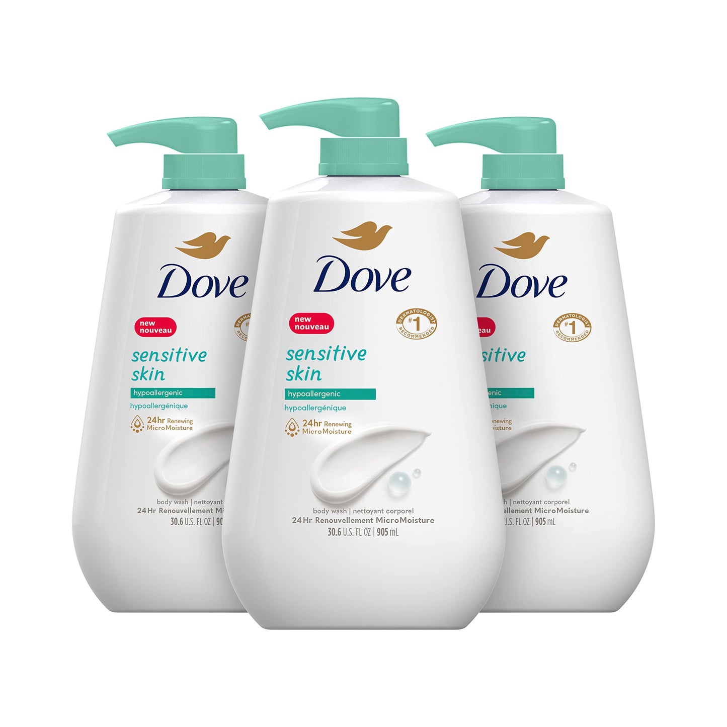 Dove Body Wash 3 Count with Pump Sensitive Skin Hypoallergenic, Paraben-Free, Sulfate-Free, Cruelty-Free, Moisturizing Skin Cleanser Effectively Washes Away Bacteria While Nourishing Skin 30.6 oz