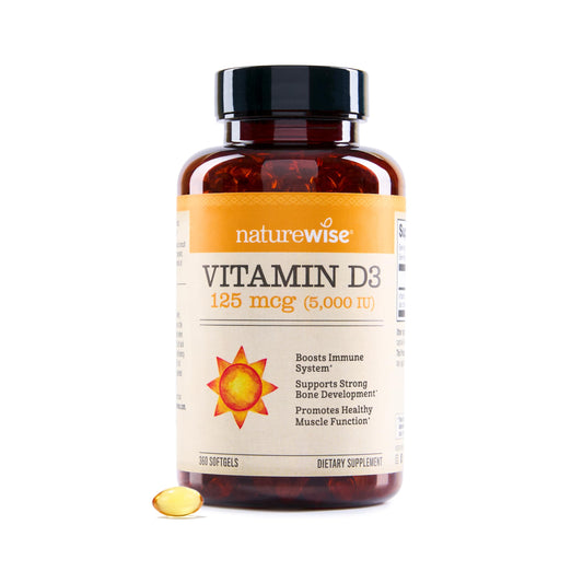 NatureWise Vitamin D3 5000iu (125 mcg) 1 Year Supply for Healthy Muscle Function, and Immune Support, Non-GMO, Gluten Free in Cold-Pressed Olive Oil, Packaging Vary ( Mini Softgel), 360 Count