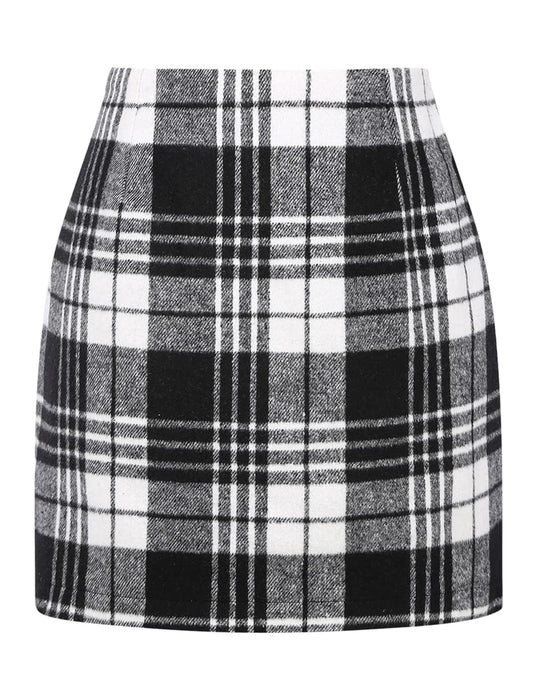 Womens High Waist Plaid Skirt Bodycon Pencil Wool Mini Skirts(Black, XS)