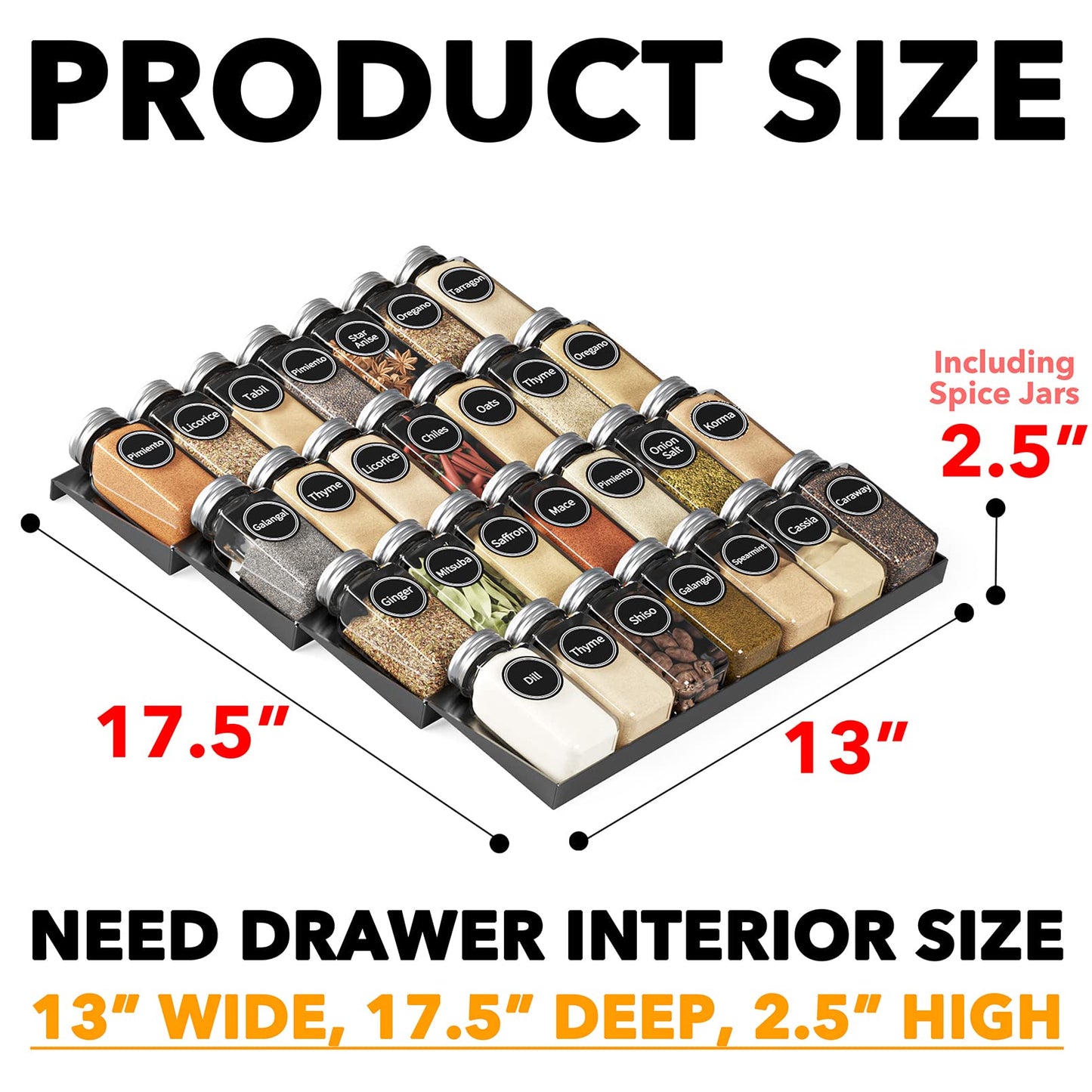 SpaceAid Spice Drawer Organizer with 28 Spice Jars, 386 Spice Labels, 4 Tier Seasoning Rack Tray Insert for Kitchen Drawers, 13" Wide x 17.5" Deep