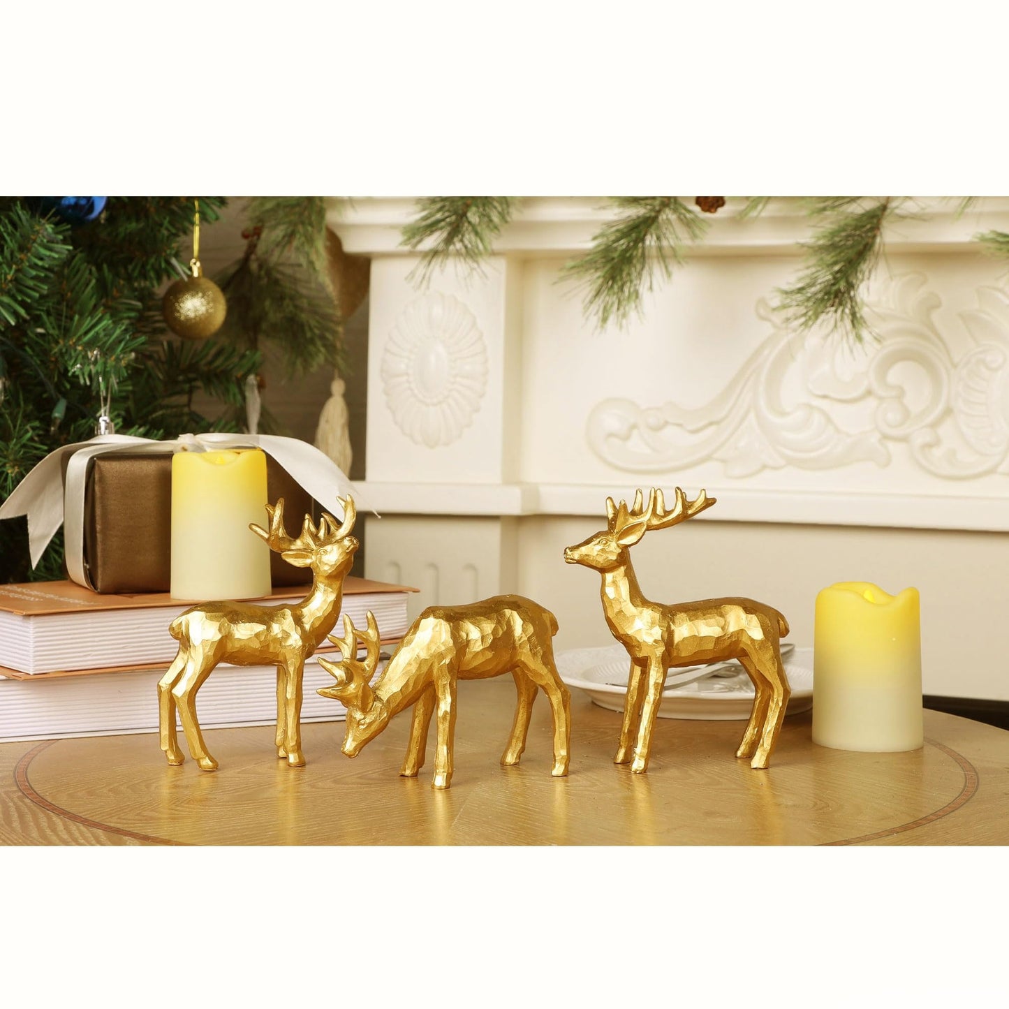 Lulu Home 3 PCS Christmas Tabletop Decorations, Resin Golden Reindeer Family Figurines with Diverse Postures, Xmas Holiday Winter Centerpieces Ornaments for Mantel Shelf Sill Home Office Decor