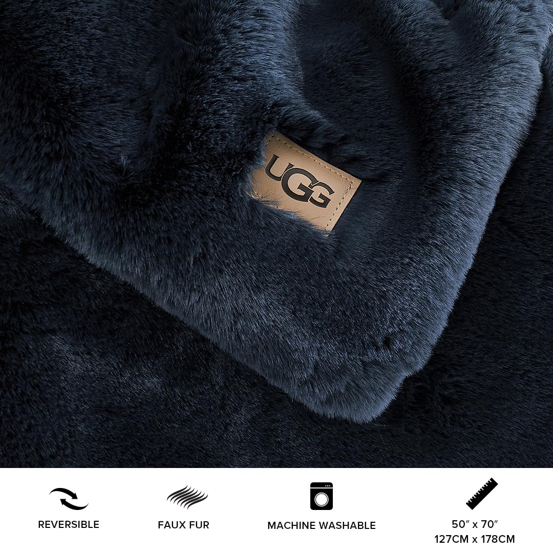 UGG 16804 Euphoria Plush Faux Fur Reversible Throw Blanket Easy Care Machine Washable Luxury Cozy Fuzzy Fluffy Luxurious Home Decor Luxurious Soft Blanket for Sofa, 70 x 50-Inch, Indigo