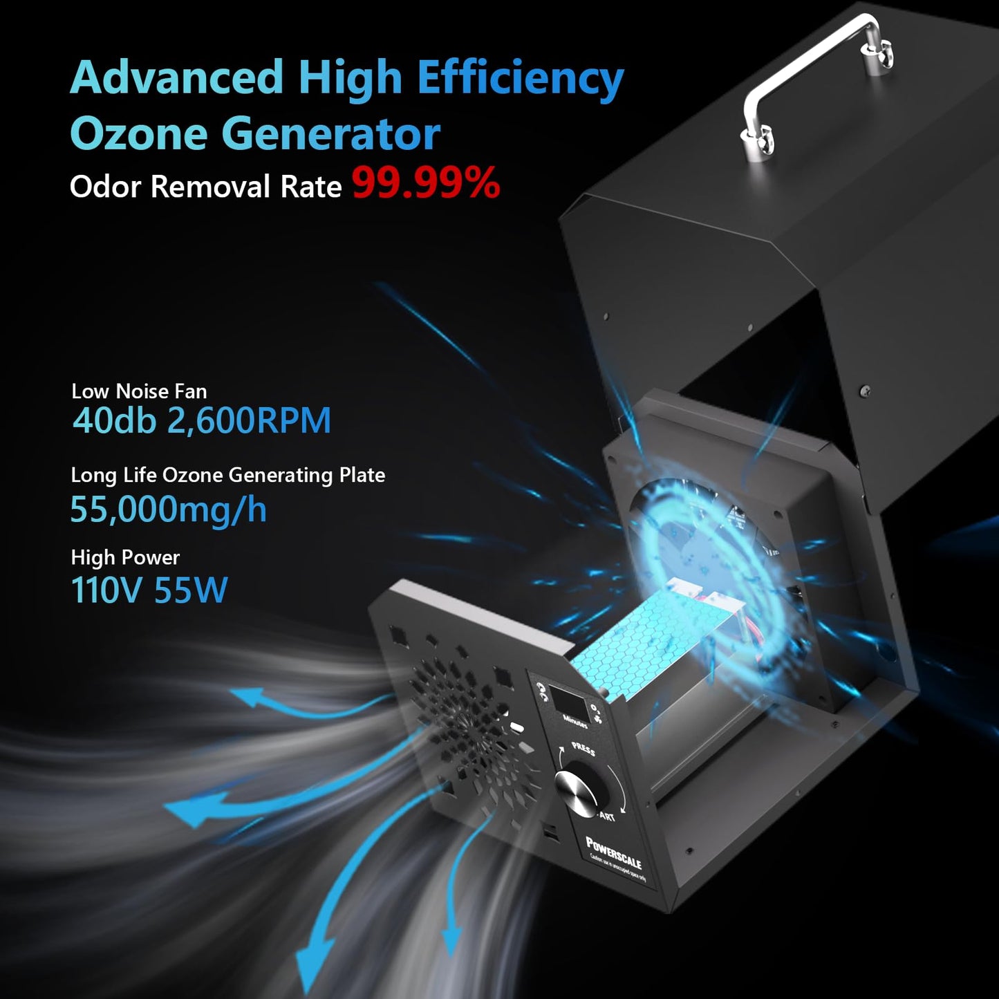 PowerScale Ozone Generator 55,000mg/h OZB1 Ozone Odor Eliminator Commercial Ozone Machine Odor Removal, For Home, Car, Pet Room Ozone Machine - High Capacity Ionizer Ozone Air Purifier, Black