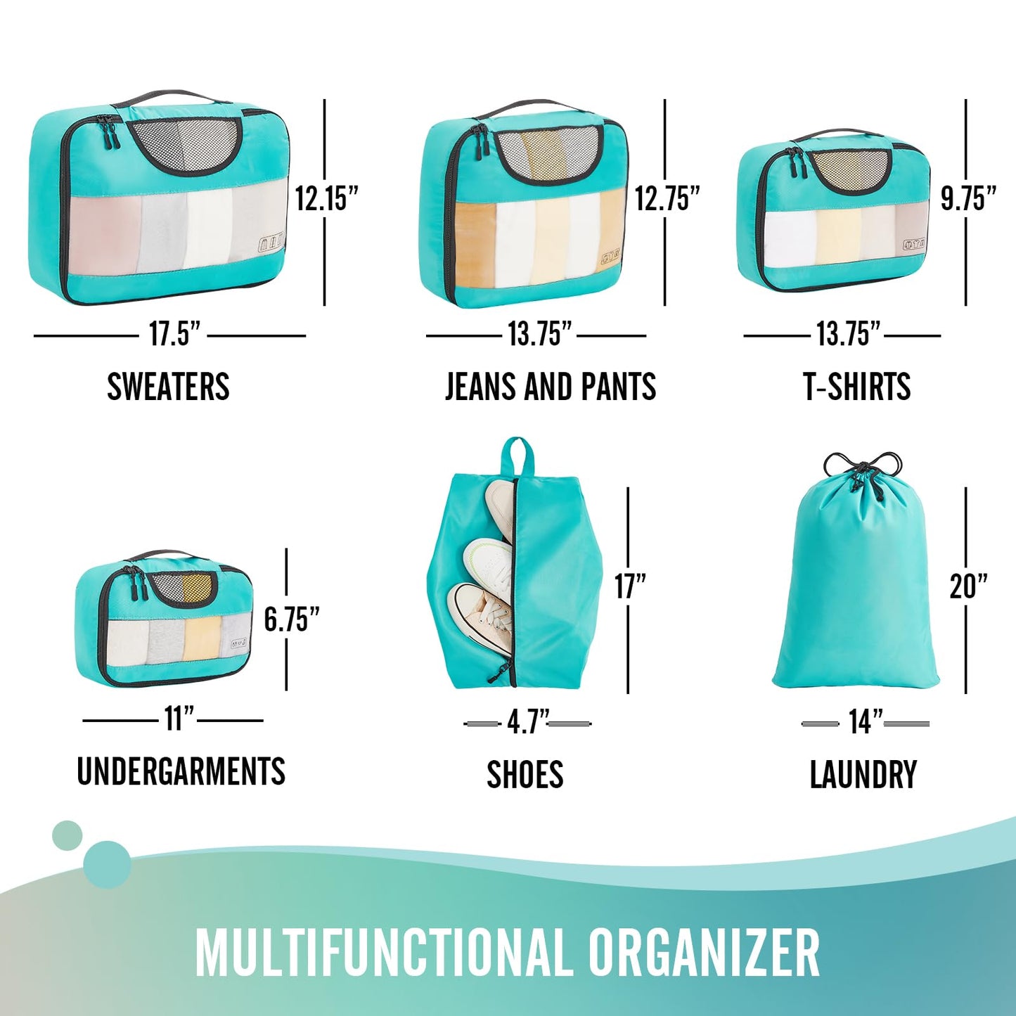 Veken 6 Set Packing Cubes for Suitcases, Travel Essentials for Carry on Luggage, Suitcase Organizer Bags Set for Travel Accessories in 4 Sizes(Extra Large, Large, Medium, Small)，Cyan