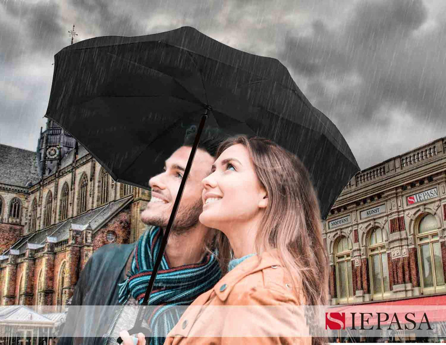 SIEPASA 49/56 Inch Inverted Reverse Upside Down Umbrella, Extra Large Double Canopy Vented Windproof Waterproof Stick Golf Umbrellas with C-shape Handle.(Black & Starry/ 2 Pack, 49 Inch)