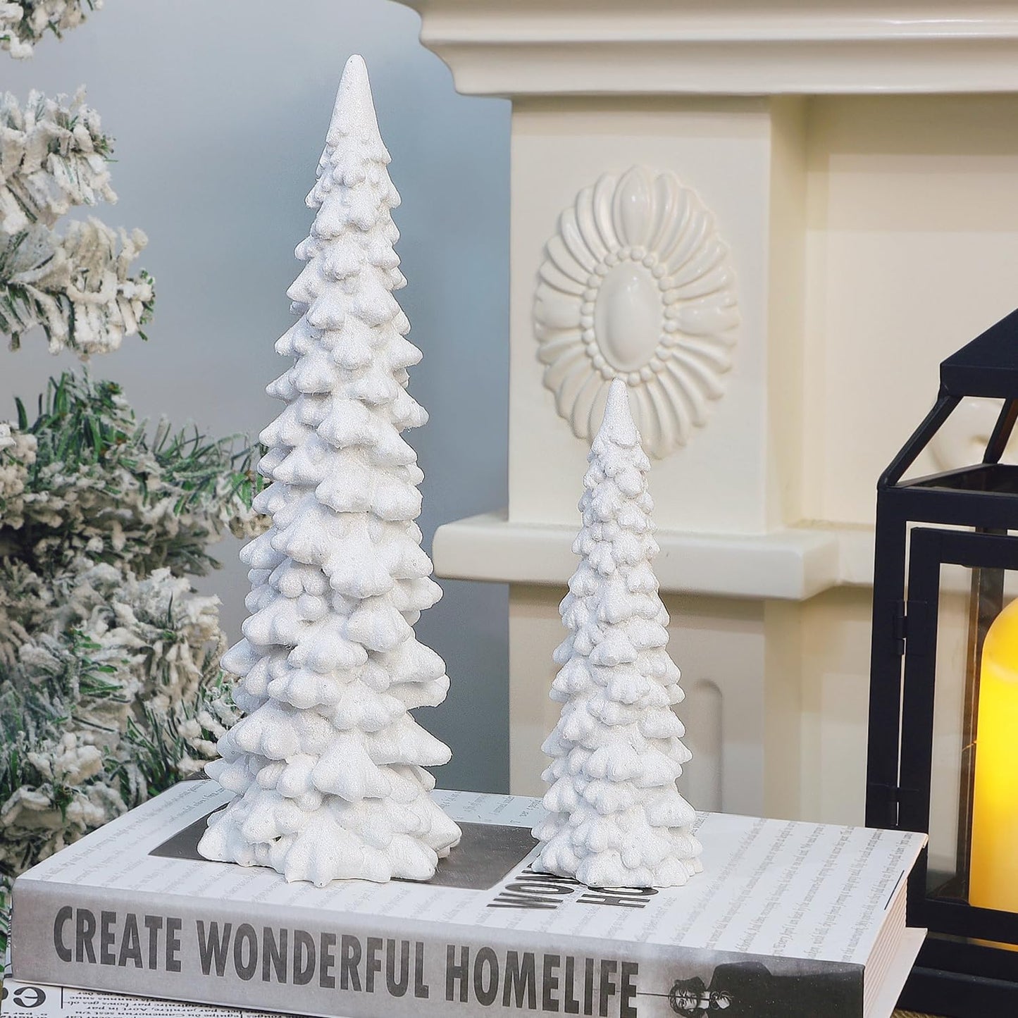 Juegoal Christmas Tree Table Decorations Set of 2, 9.5" White Glittered Xmas Pine Trees, Winter Snow Ornaments Tabletop Resin Trees Dinner Holiday Party Supplies Winter Mantle Shelf Centerpieces Decor