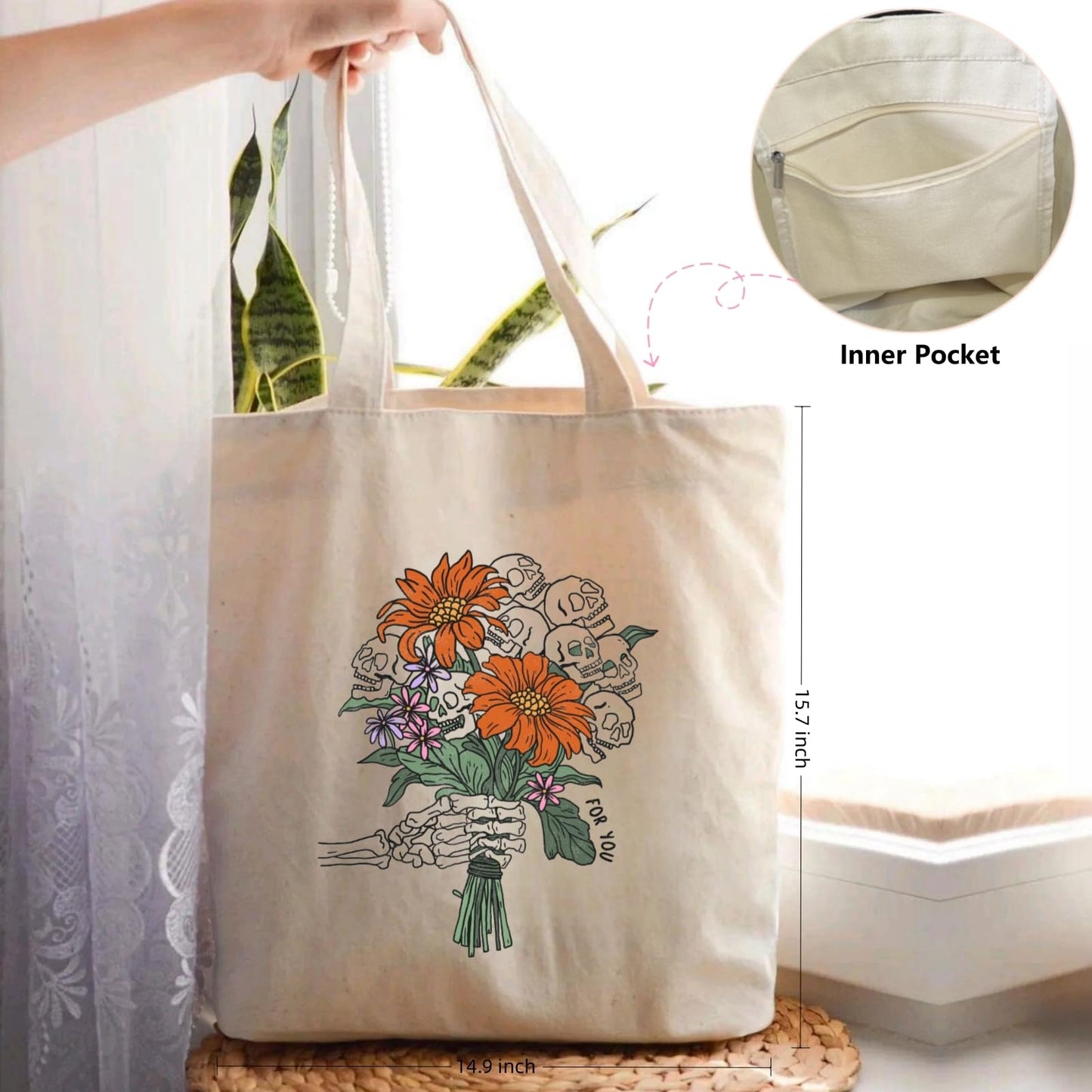Nioobager Canvas Tote Bag for Women with Inner Pocket, Aesthetic Shoulder Book Bags Gift Totes Shopping Reusable Grocery Bags