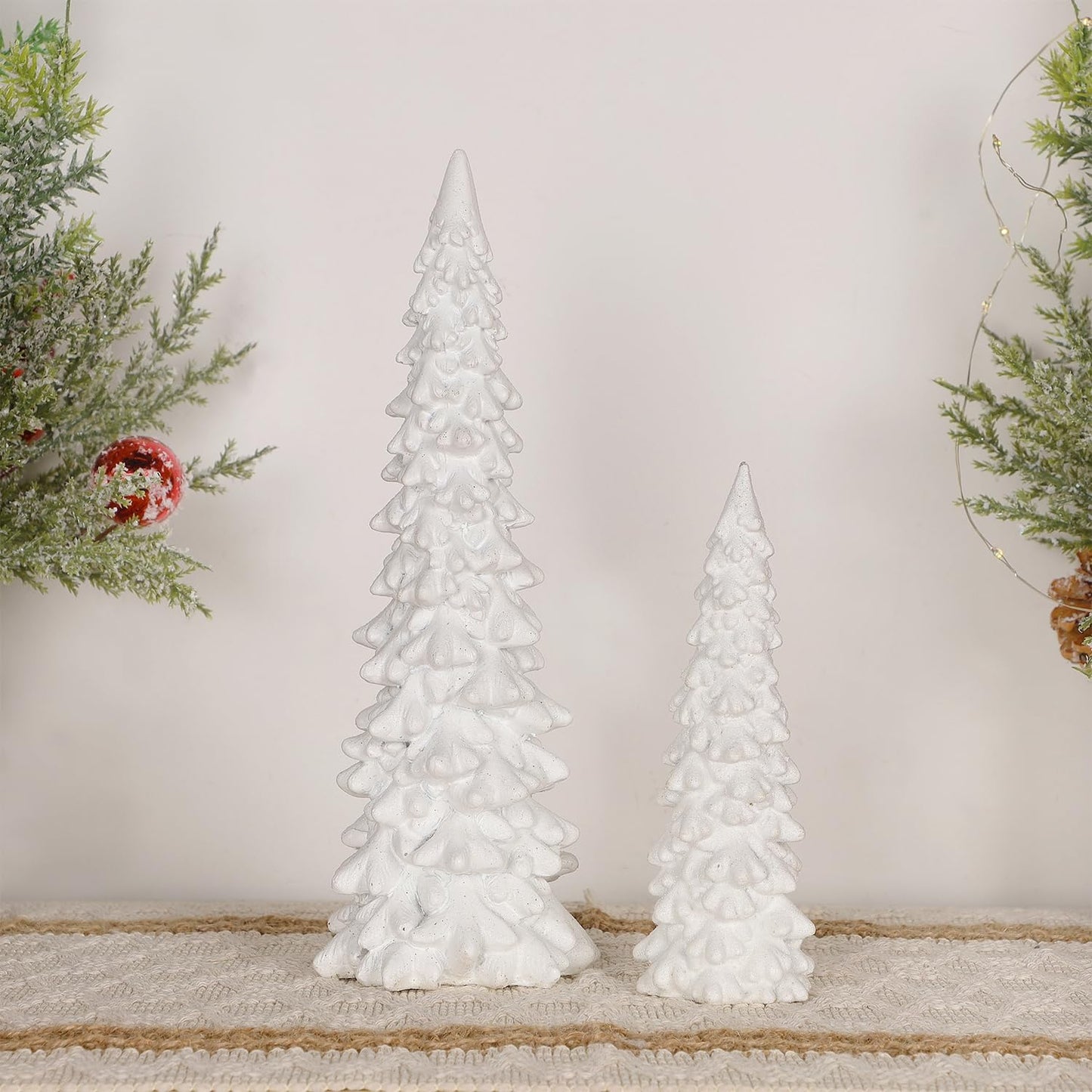Juegoal Christmas Tree Table Decorations Set of 2, 9.5" White Glittered Xmas Pine Trees, Winter Snow Ornaments Tabletop Resin Trees Dinner Holiday Party Supplies Winter Mantle Shelf Centerpieces Decor