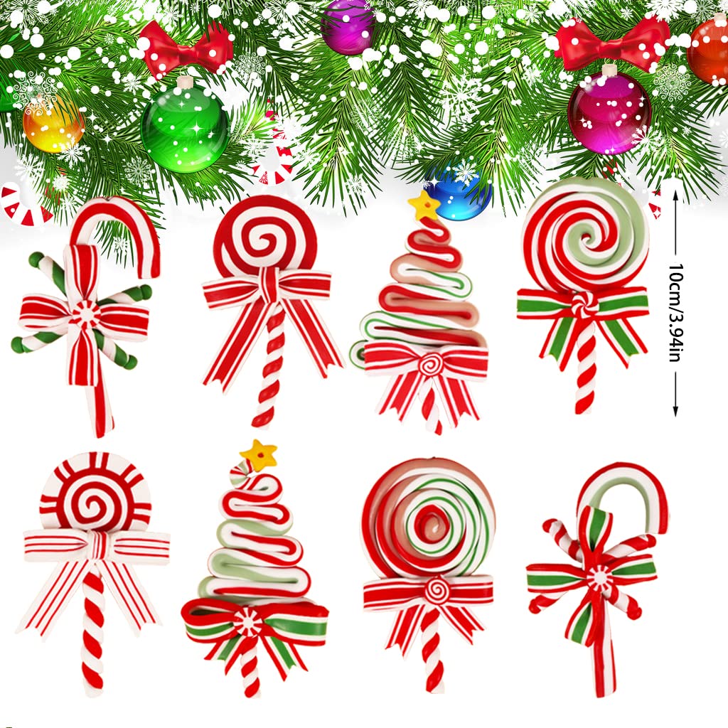 8 Pieces Christmas Tree Lollipop Ornaments Polymer Clay Candy Cane Hanging Decorations with Ribbon, Sweet Candy Pendant Xmas Tree Wreath Party Supplies