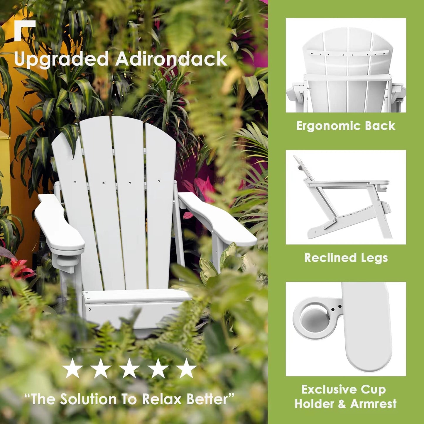 GREENVINES Folding-Adirondack-Chair | HDPE Plastic | Fire Pit Chairs | All Weather | Cup Holder | White | for Deck Backyard Patio Outdoor Garden