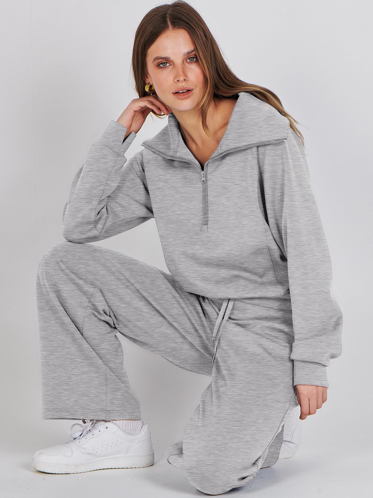 ANRABESS Women 2 Piece Outfits Sweatsuit Oversized Sweatshirt Sweatpants Tracksuit Sweat Lounge Matching Set 2024 Fall Trendy Light Grey X-Large