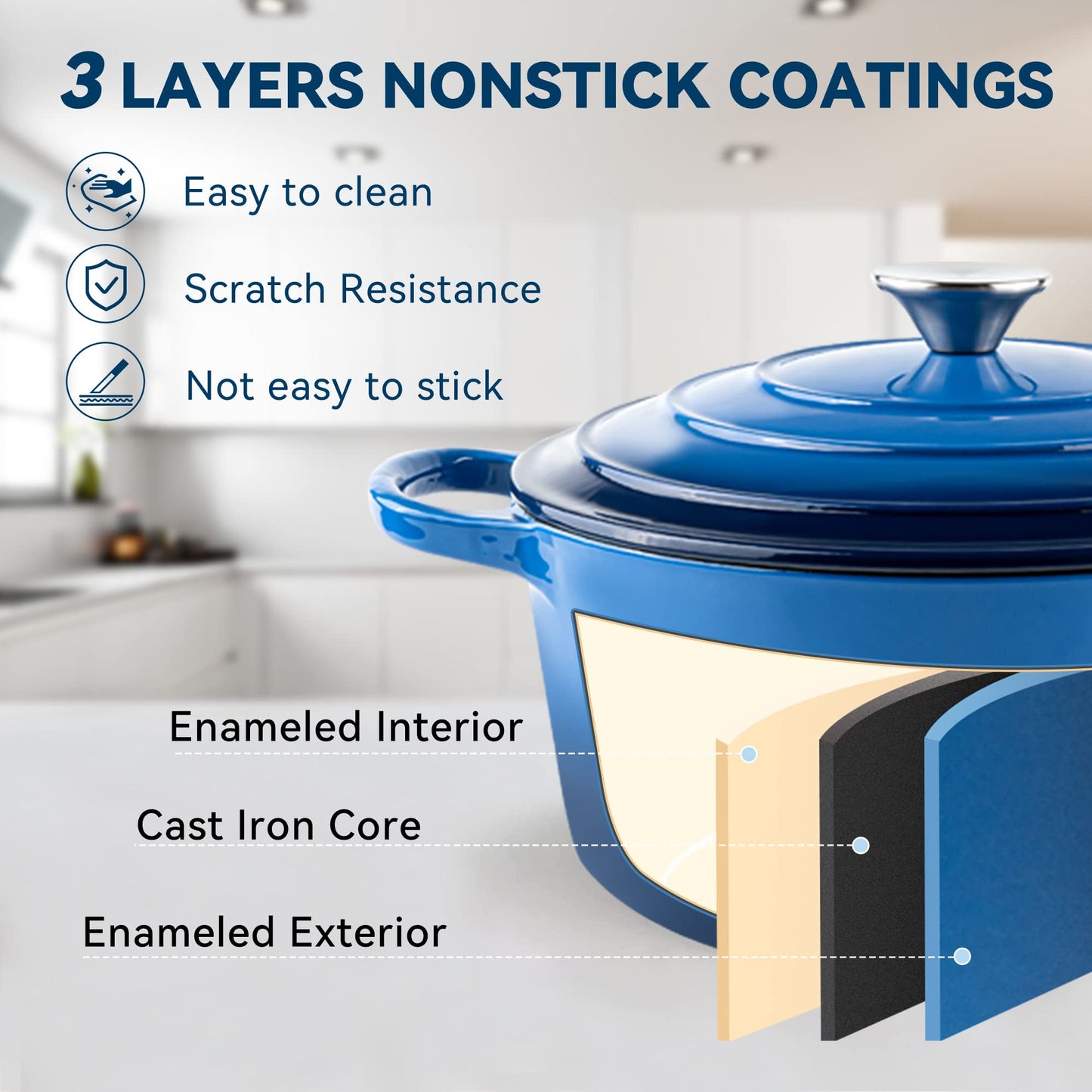 Miereirl 6 QT Enameled Dutch Oven Pot with Lid, Cast Iron Dutch Oven with Dual Handles for Bread Baking, Cooking, Non-stick Enamel Coated Cookware (Dark Blue)