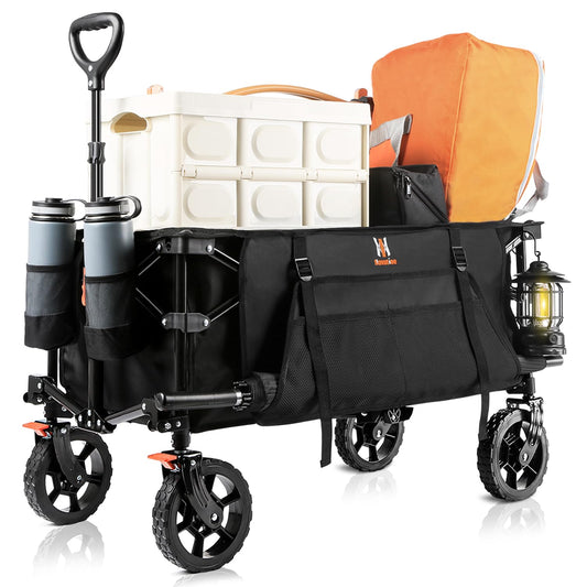 Navatiee Collapsible Folding Wagon, Heavy Duty Utility Beach Wagon Cart with Side Pocket and Brakes, Large Capacity Foldable Grocery Wagon for Garden Sports Outdoor Use, S1