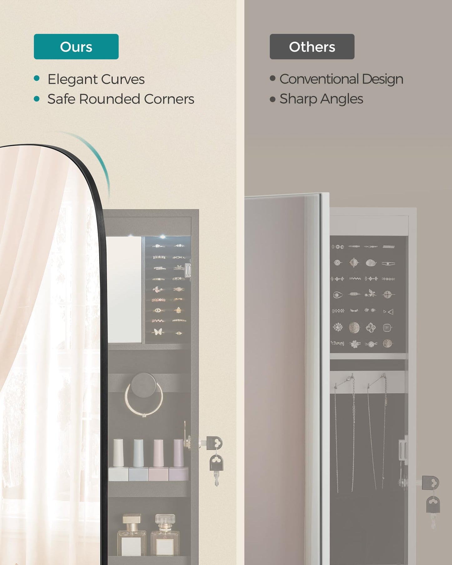 SONGMICS Jewelry Organizer, LED Jewelry Cabinet Wall or Door Mounted, Lockable Rounded Wide Mirror with Storage, Interior Mirror, Christmas Gifts, Black Surface with Black Lining