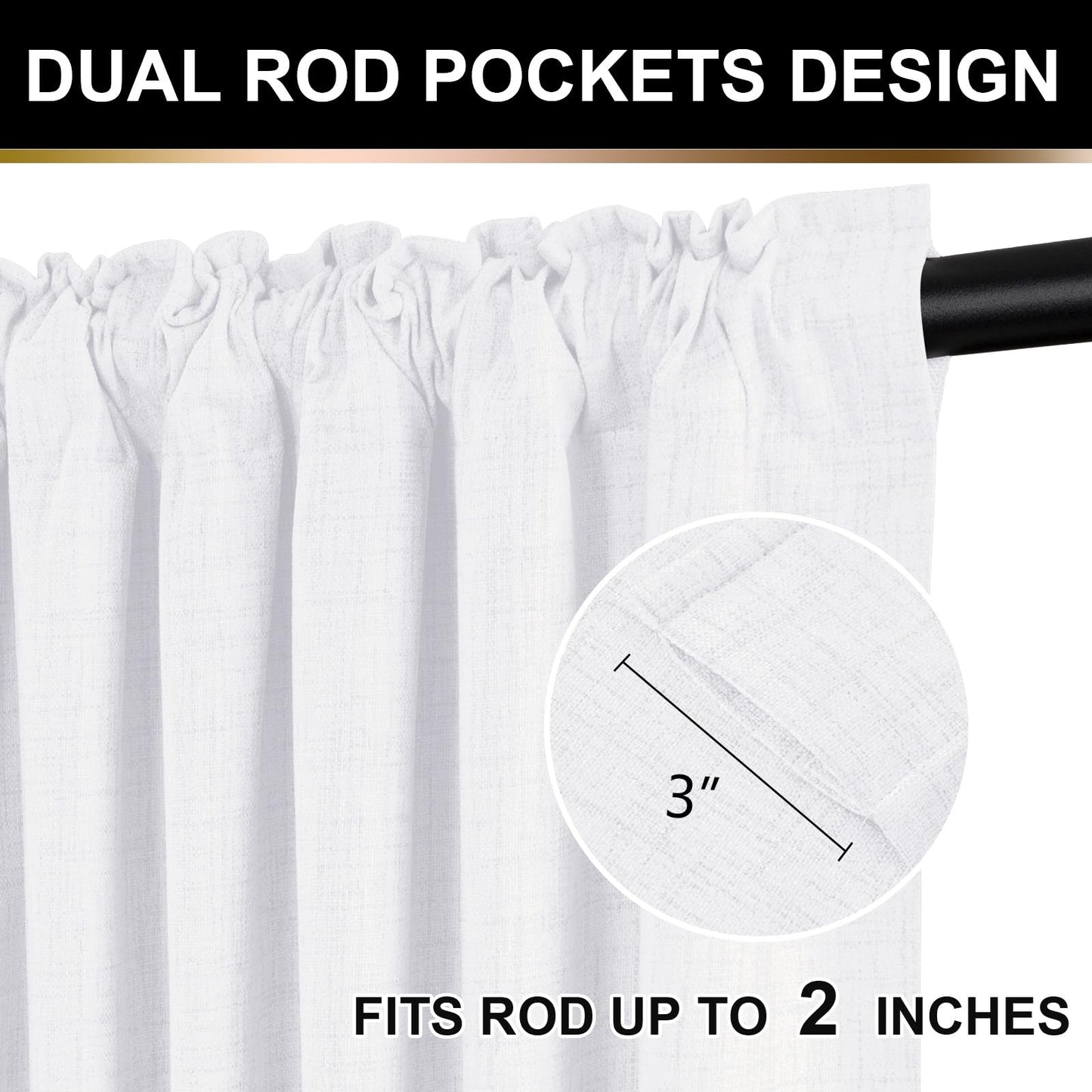 100% Blackout Shield Full Blackout Curtains for Bedroom 84 inch Length 2 Panels Set, Clip Rings/Rod Pocket Faux Linen Black Out Curtains for Living Room, Thermal Insulated, 50Wx84L, Bright White